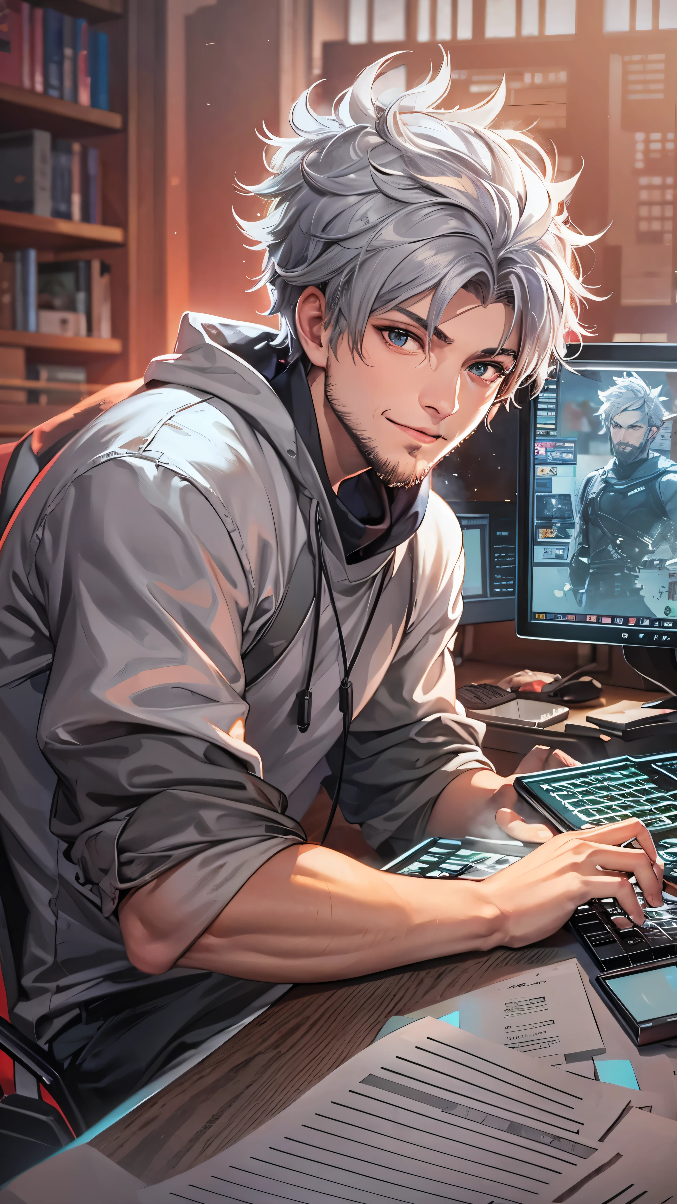 (masterpiece,  top quality ), (Complex Light),  1 boy, Alone, Wukong ,  dark eyes, smile, Sitting in front of a computer playing games,  E-sports room background ,(Chiosane),(Beard and gray hair),