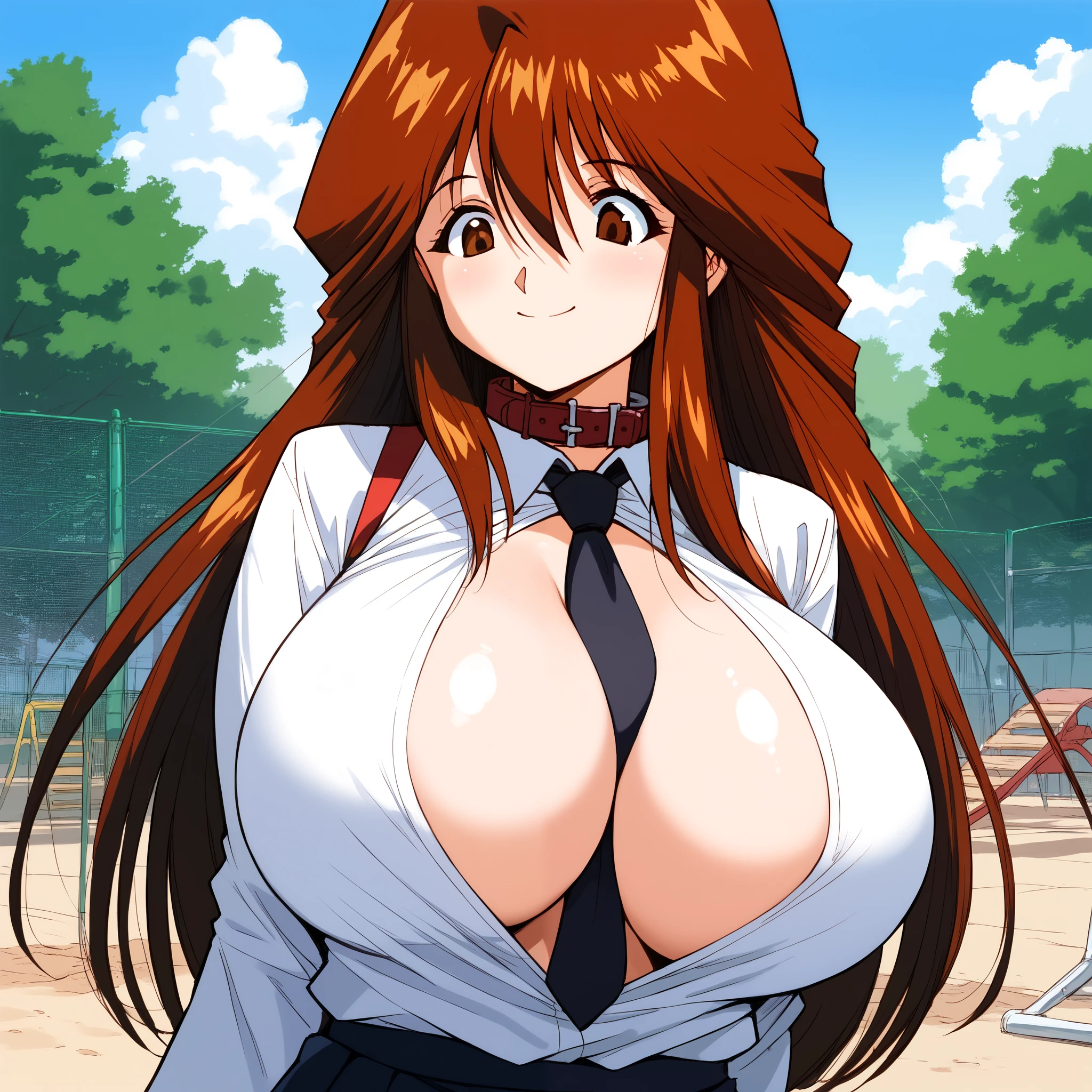 score_9, score_8_up, score_7_up, source_anime, rating_explicit, best quality, masterpiece, BREAK KawaiIyona, long hair, brown hair, brown eyes, bangs, red hair, large breasts, hair between eyes, solo, long sleeves, smile, necktie, collar shirt, looking down, cowboy shot, white shirt 1990s (style), day, outdoor, trees, fence, playground, sky, school buildings in back, (ultra huge breasts, ultra huge cleavages, ultra huge tits, ultra huge boob), 