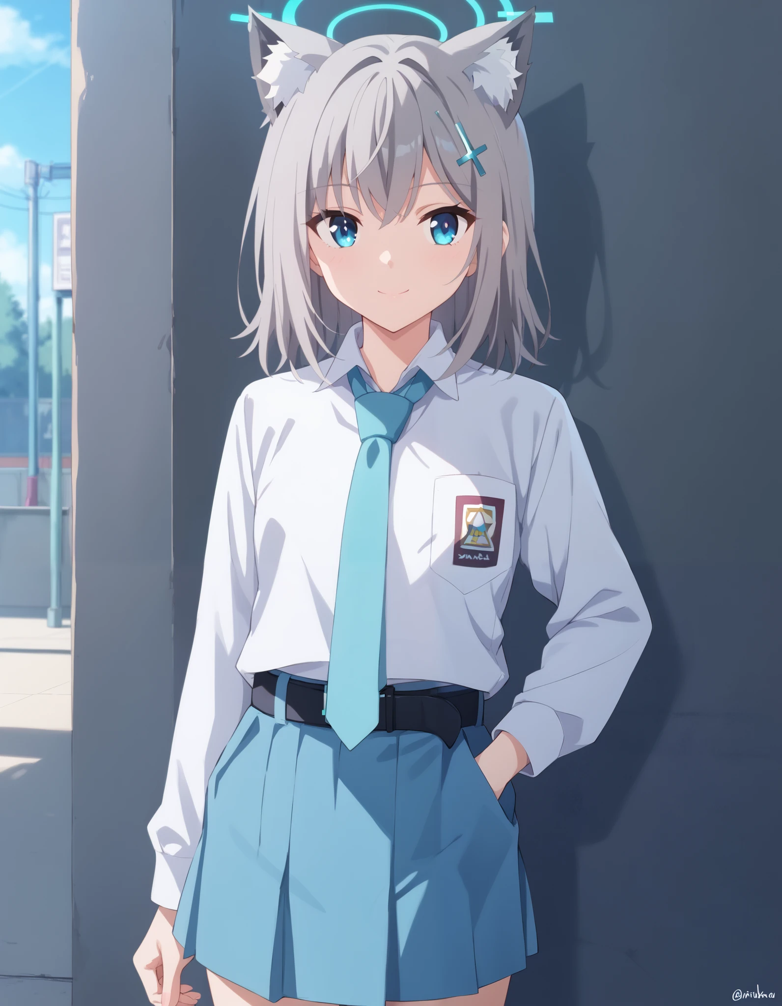 Masterpiece, hd, best quality, shiroko sunaookami, animal ears, blue eyes, grey hair, hair ornament, hairpin, cross hairpin, halo, medium hair, wolf ears, Indonesia high school uniform, wearing white collared shirt, short sleeves, light blue skirt, pleated skirt, light blue neck tie, pocket, school logo on pocket, wearing black belt, outdoor, smile, standing, cowboy shot