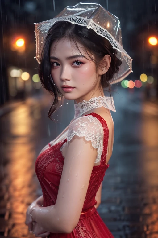 (( top quality , 8k,  lace maxi dress standing in the rain, In the Rain, Red Light District,   Highly Detailed Face and Skin Textures  ,   detail eyes,  double eyelid .)