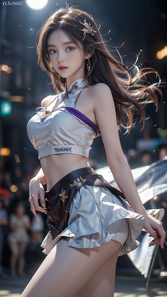 1 girl, 19 years old, ((city in Vietnam)), dark brown hair, purple eyes, hair ornament, white dance short skirt ((cowboy photo)), ((bare shoulders)), ((short skirt)), realistic detailed photo of a plumple breasted girl with exposed shoulders, detailed fingers, high quality skin, blue eyes, dancing on stage, dance floor, wind and flying hair, (best quality, 4k, 8k, high resolution, masterpiece: 1.2), extremely detailed, (realistic, photorealistic, photorealistic: 1.37), studio lighting, vivid colors