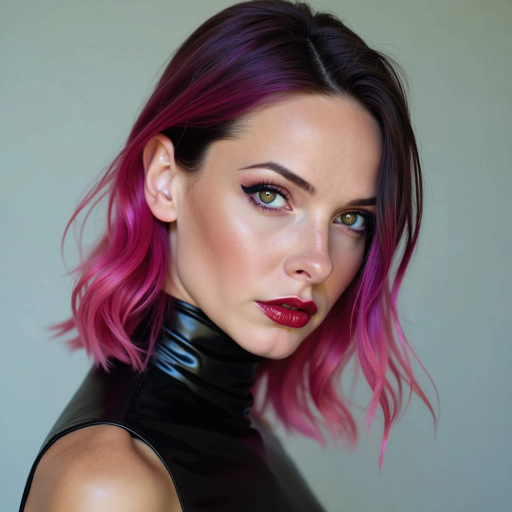 A beautiful, skinny girl with colourful hair, close-up portrait of her pretty face, captivating red lip gloss, dramatic eyeliner flicks, wearing a sexy latex neck-entry catsuit, (best quality, 4k, 8k, highres, masterpiece:1.2), ultra-detailed, (realistic, photorealistic, photo-realistic:1.37), HDR, UHD, studio lighting, ultra-fine painting, sharp focus, physically-based rendering, extreme detail description, professional, vivid colors, bokeh, portrait, extreme lip gloss, extreme eye shadow, slutty makeup