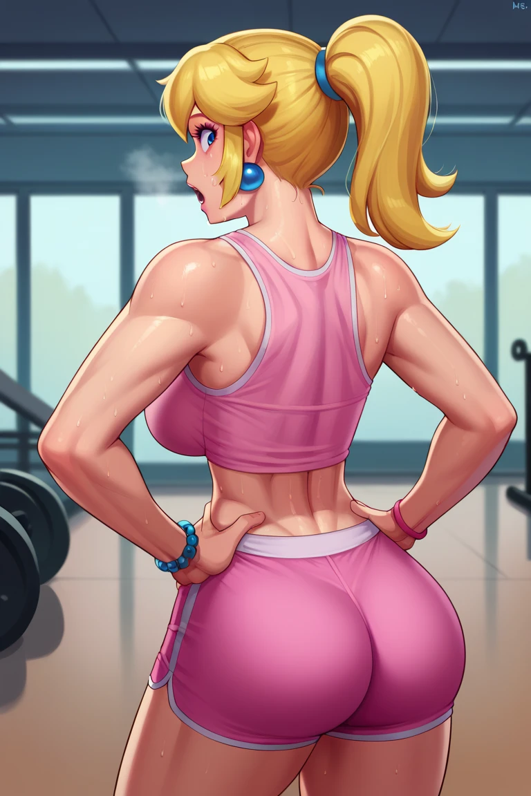 score_9, score_8_up, score_7_up, BREAK, 1girl, solo, princess peach, 1girl, solo, , blonde hair, ponytail, jewelry, bracelet, makeup, casual, cowboy shot, blue eyes, looking at the viewer, large breasts, hands on hips, pink tanktop, sweaty, pink shorts, sweating profusely, open mouth, exhausted, heavy breathing, puddle of sweat on the ground, steam coming out her mouth, gym, indoors, she wears pink shoes, ass, bubble butt, big ass