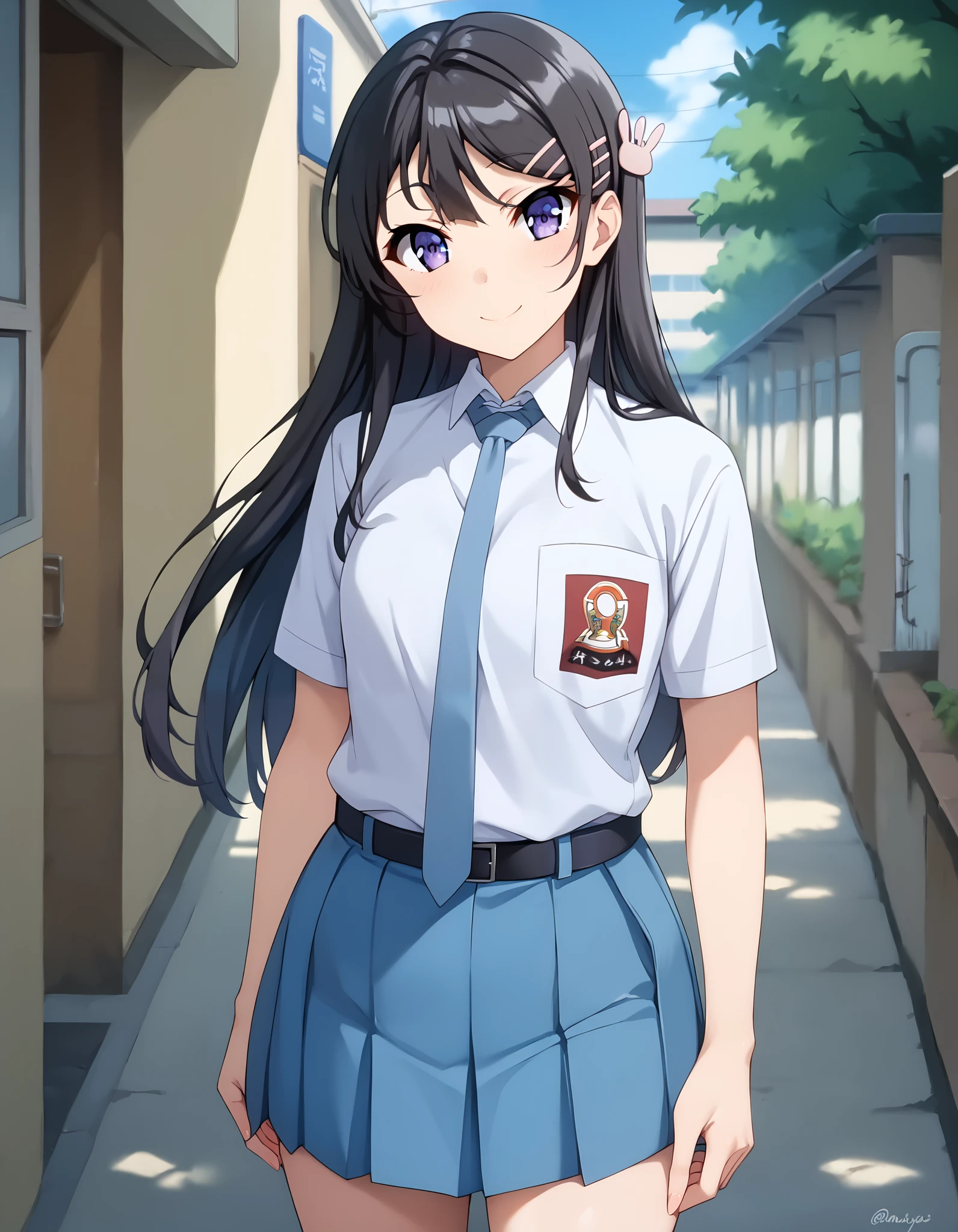 Masterpiece, hd, best quality, closed mouth, light smile, light blush, long hair, black hair, purple eyes, hairclip, rabbit hair ornament, Mai Sakurajima, Indonesia high school uniform, wearing white collared shirt, short sleeves, light blue skirt, pleated skirt, light blue neck tie, pocket, school logo on pocket, wearing black belt, outdoor,  smile,  standing, cowboy shot