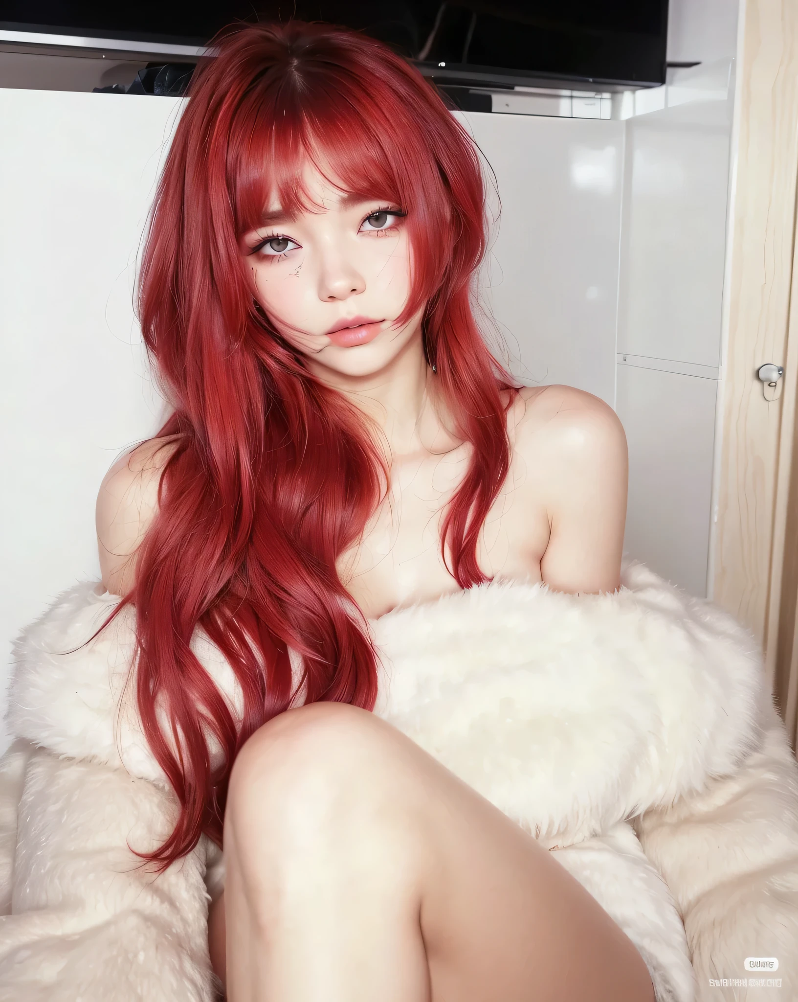 a close up of a woman with rojo hair and a pink sweater, lirio franco, ((rojo)) ojos holgados, pink and rojo color style, rojo fur, yukki, pelaje rosa, rojo wig, fiery rojo, zorro rosa, enorme cabello rosa rizado, with curly rojo hair, rojo colorojo, con cabello rosado, Lalisa Manobal, rojo dyed hair