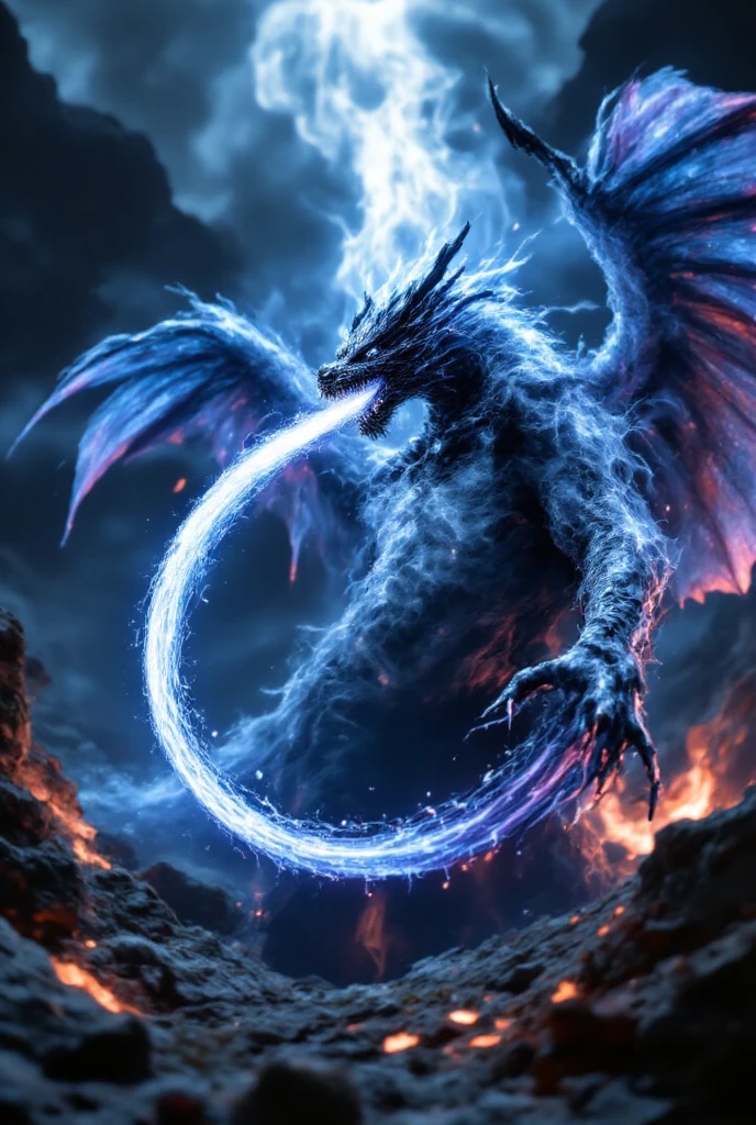 (aidmafluxpro1.1), a hyper realistic blue Dragon, sharp claws, breathing fire, volcanic background, highly detailed, dramatic lighting, cinematic composition, epic scale, masterpiece, photorealistic, 8k, best quality, ultra-detailed