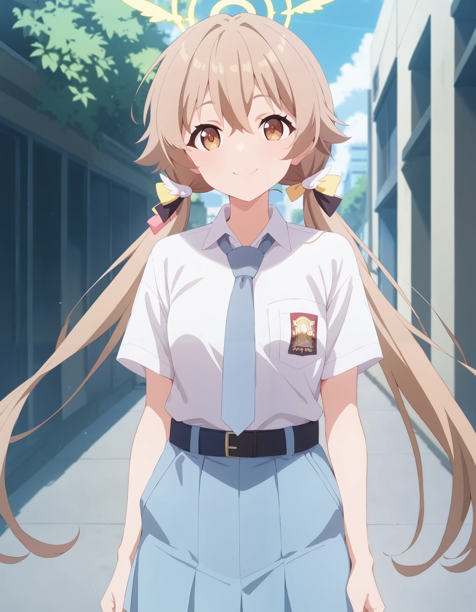 Masterpiece, hd, best quality, hifumi, brown hair, hair between eyes, hair bow, hair ribbon, halo, long hair, low twintails, sidelocks, twintails, wing hair ornament, brown eyes, Indonesia high school uniform, wearing white collared shirt, short sleeves, light blue skirt, pleated skirt, light blue neck tie, pocket, school logo on pocket, wearing black belt, outdoor, smile, standing, cowboy shot