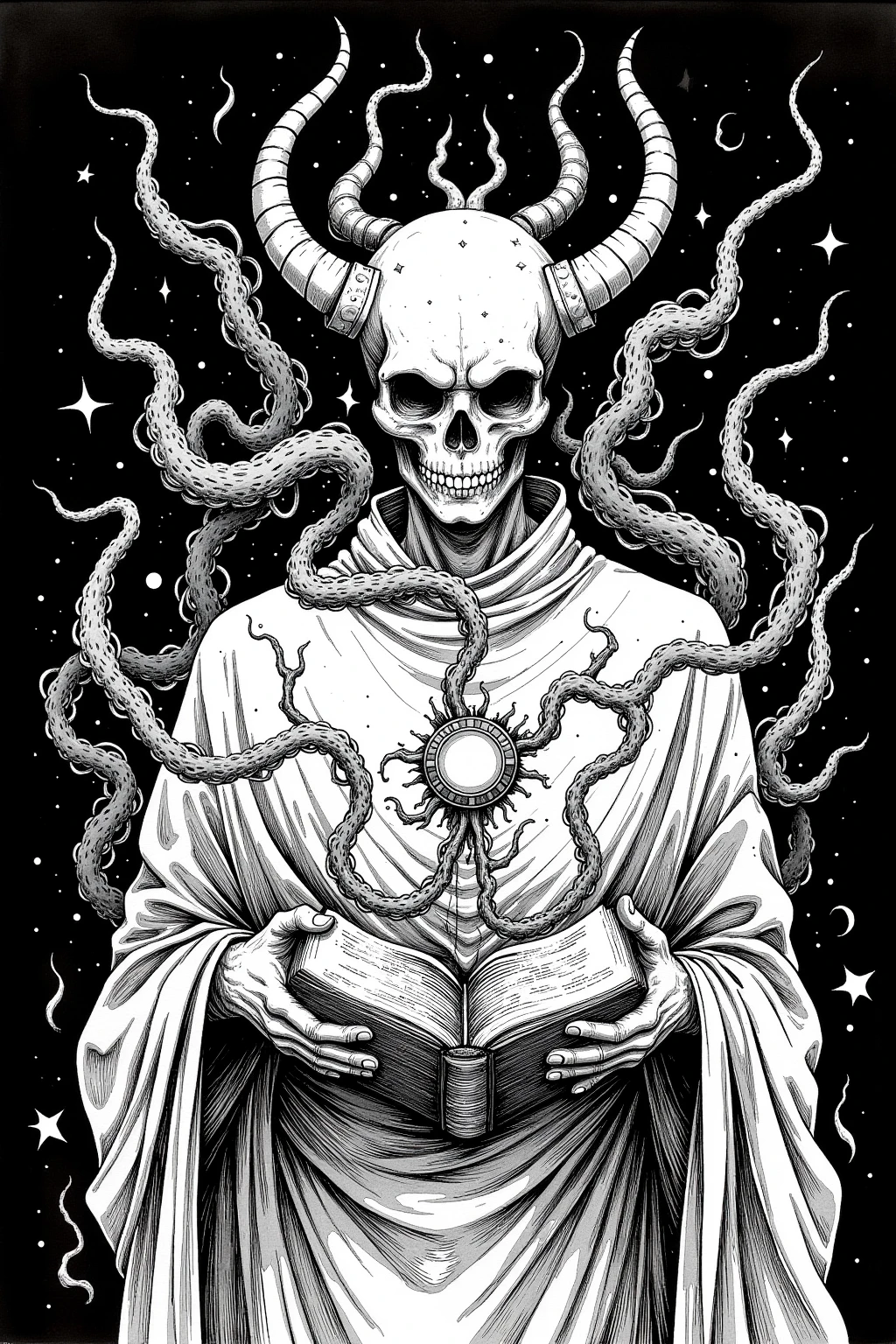  ink painting inspired by comic book panel illustrations, floating magic book, Spell Book, book of the dead, reading an evil demonic book, HP Lovecraft Style, fantasy Book illustrations, Book of Arcane , Book illustrations,  swirling ripples of evil ink , Magic book, grimoire,  Lovecraft Illustrations , Lovecraft Art , HP Lovecraft Style ,  Space horror illustration ,  lovecraftian Inspiration ,  Mixed Venom and Cthulhu ,  Lovecraft cosmic horror ,  Lovecraft Myths , Inspired by Lovecraft,  Lovecraft Horror , anatomically correct,  very detailed,  detail ,  drawn in white on a black background 