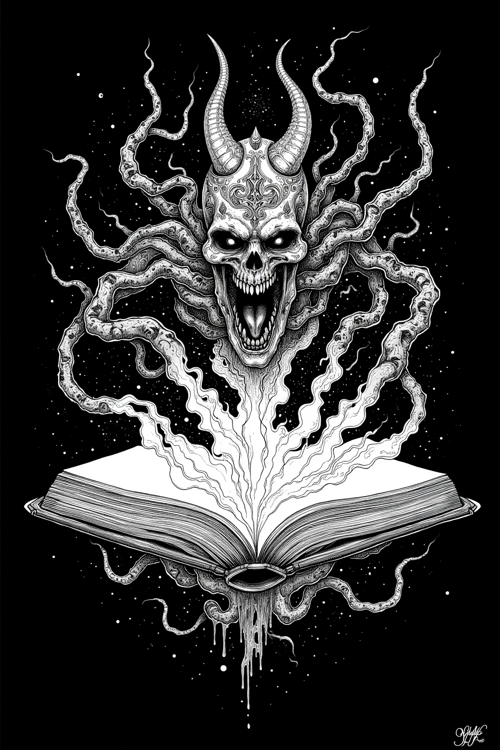  ink painting inspired by comic book panel illustrations, floating magic book, Spell Book, book of the dead, reading an evil demonic book, HP Lovecraft Style, fantasy Book illustrations, Book of Arcane , Book illustrations,  swirling ripples of evil ink , Magic book, grimoire,  Lovecraft Illustrations , Lovecraft Art , HP Lovecraft Style ,  Space horror illustration ,  lovecraftian Inspiration ,  Mixed Venom and Cthulhu ,  Lovecraft cosmic horror ,  Lovecraft Myths , Inspired by Lovecraft,  Lovecraft Horror , anatomically correct,  very detailed,  detail ,  drawn in white on a black background 