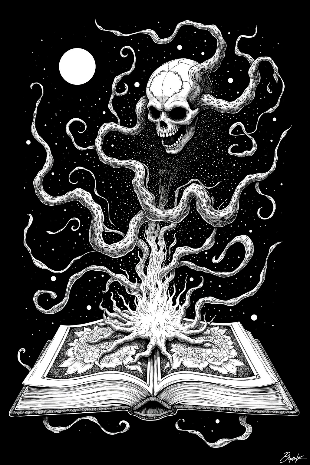  ink painting inspired by comic book panel illustrations, floating magic book, Spell Book, book of the dead, reading an evil demonic book, HP Lovecraft Style, fantasy Book illustrations, Book of Arcane , Book illustrations,  swirling ripples of evil ink , Magic book, grimoire,  Lovecraft Illustrations , Lovecraft Art , HP Lovecraft Style ,  Space horror illustration ,  lovecraftian Inspiration ,  Mixed Venom and Cthulhu ,  Lovecraft cosmic horror ,  Lovecraft Myths , Inspired by Lovecraft,  Lovecraft Horror , anatomically correct,  very detailed,  detail ,  drawn in white on a black background 