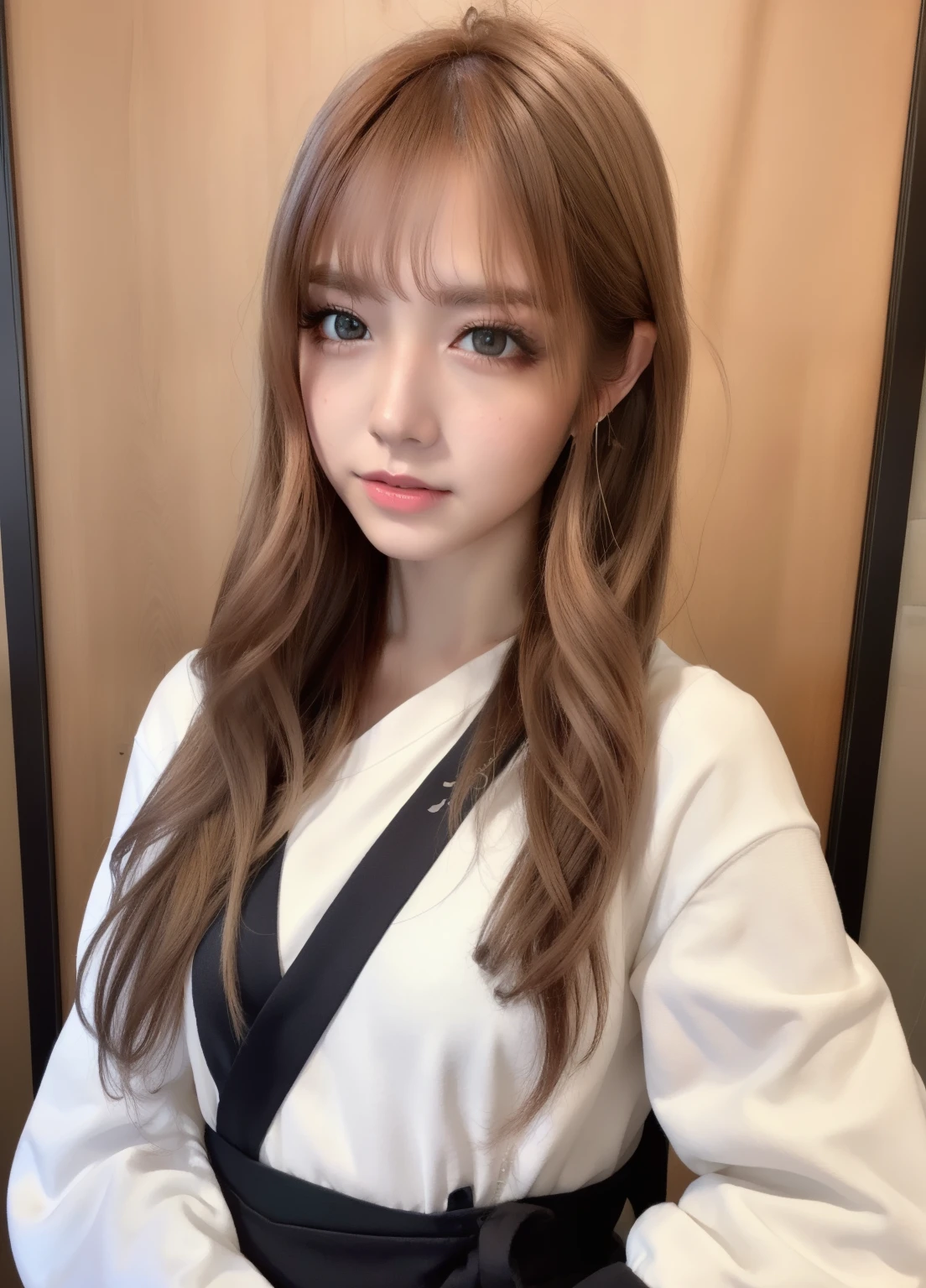 highest quality、masterpiece、ultra high resolution、(photorealistic:1.4)、raw photos、1 girl、１people、solo、18-year-old、high school girl、((blonde、golden hair))、Full body Esbian、double eyelid、loose perm、medium long hair、No expression、soft chest、Super exposed cleavage、big soft butt、((shrine maiden、shrine maiden服、white clothes、yellow hakama))、((black background、background black))、Westshot、bust shot