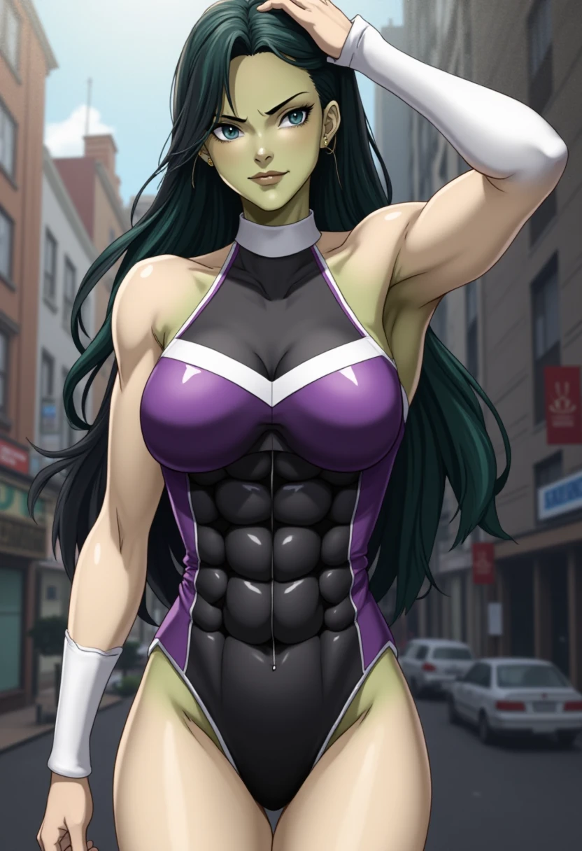 masterpiece, best quality, solo, purple lipstick, pervert, fit and toned body, tank top, shorts, glasse, looking at viewer, green skin,