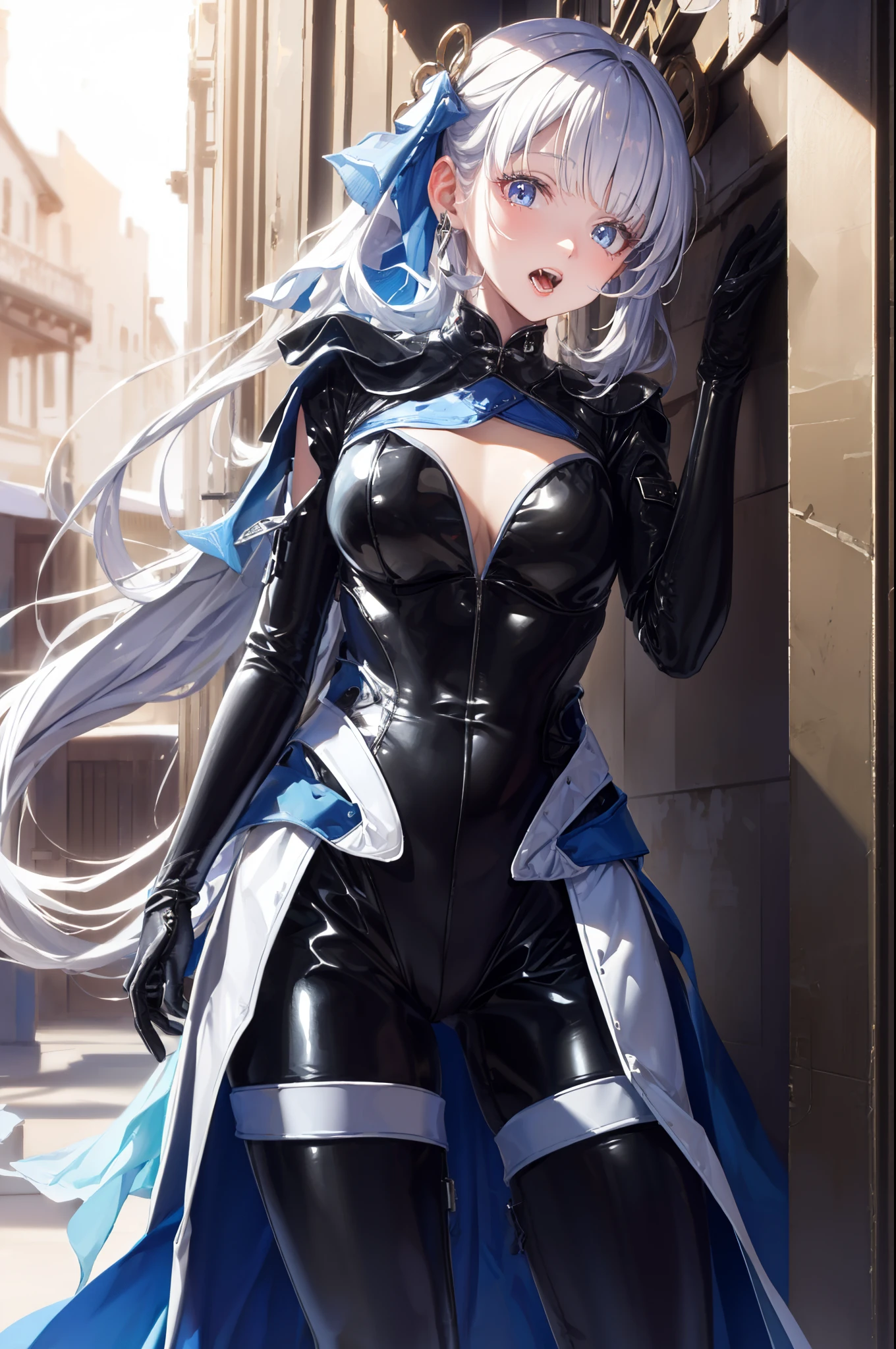 (  best quality ,4K,8K,   high resolution  ,masterpiece:1.2),  extremely detailed, mature women who want oral sex,,  magic  ,charm,joy, Holy Goddess ,  magic  al effect,Silver Hair,  white eyes ,Rubber suit，boots