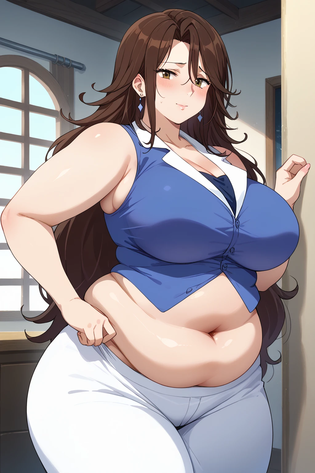  Sumeragi Lee Noriega ,  Sumeragi Lee Noriega ,blue shirt, sleeveless ,A shirt with a wide open neckline,White trousers,Exposed navel,Obese middle-aged woman, troubled expression, embarrassing expression ,milf, chubby, king bang , score_9,  score_8_ up、 score_7_ up、 score_6_ up、 score_5_ up、 score_4_ up、 masterpieces at the front door of the house、 top quality , very aesthetic,  absurd、 Source_ anime anime screencap,  one woman、Alone、 personal  、 brown eyes、 brown hair 、 long hair、Super huge breasts,  super huge clevis、Super huge, Super huge boob,Curvy、 wide hips、