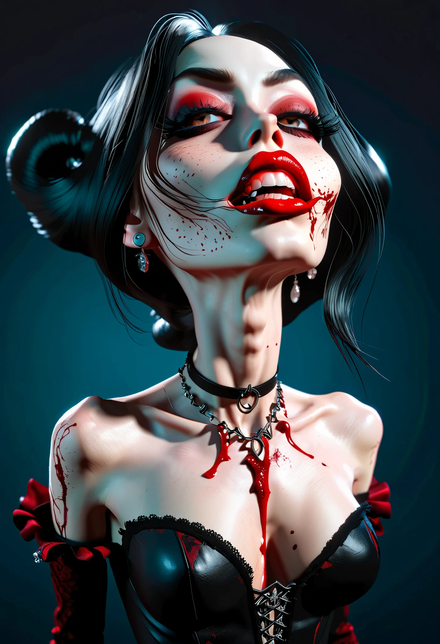 a full-body cartoon caricature of a gothic vampire girl in dynamyc pose, ((blood on mouth)), moon light, hot body, portrait, ((exaggerated features:1.6)) with a large nose and big eyes, realistic, detailed, glowing red lighting, 4K.