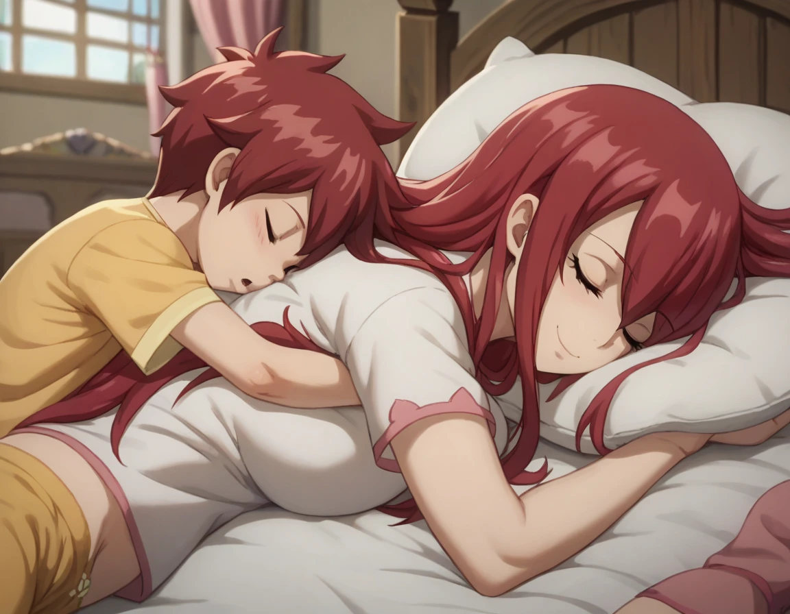  bed,Older sister, erza scarlet (Fairy Tail),Nightwear, red hair, boobs,valley, pajamas ,Sleeping horizontally, s,Shota, Cute Boy 