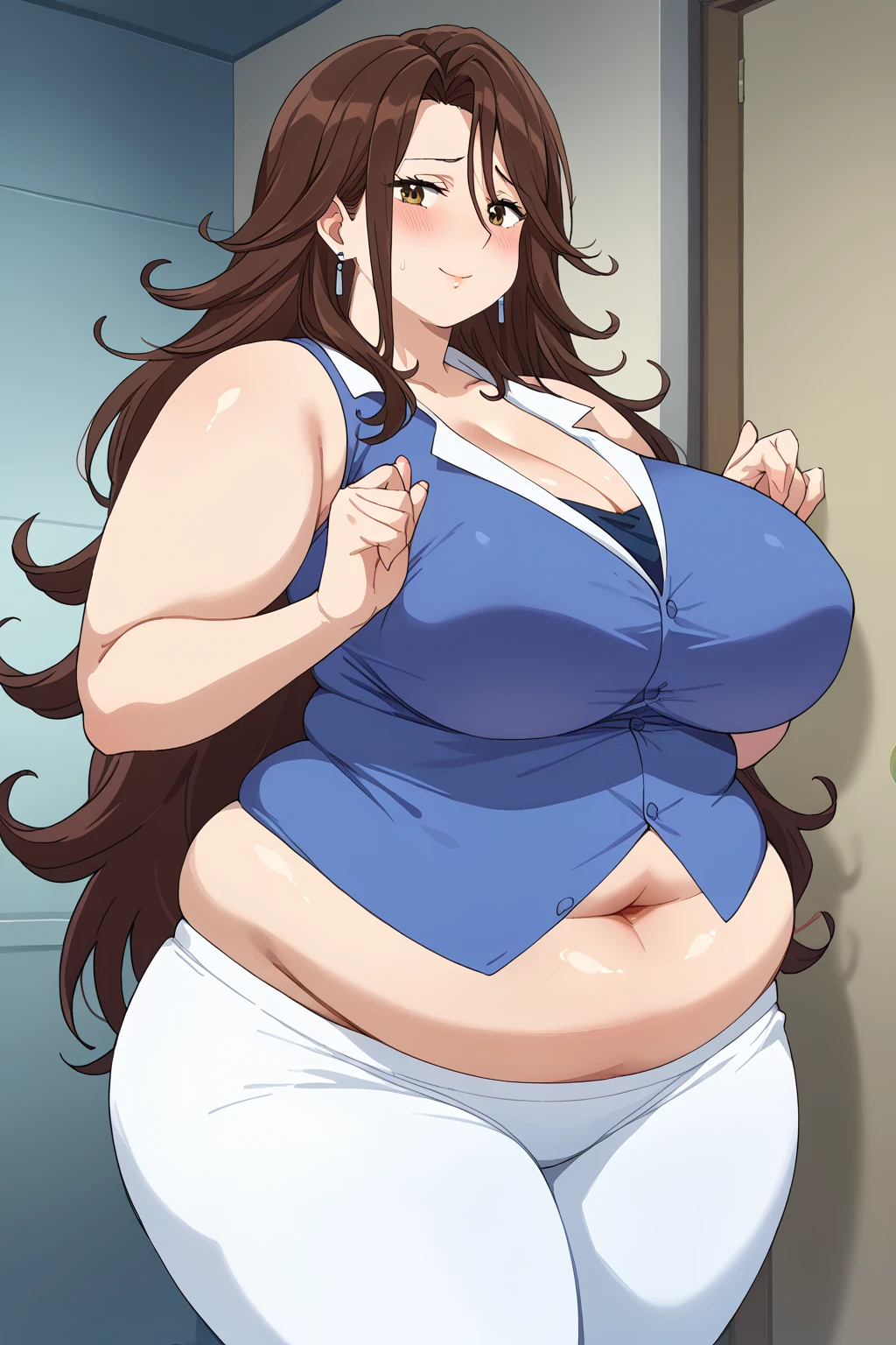  Sumeragi Lee Noriega ,  Sumeragi Lee Noriega ,blue shirt, sleeveless ,A shirt with a wide open neckline,White trousers,Exposed navel,Obese middle-aged woman, troubled expression, embarrassing expression ,milf, chubby, king bang , score_9,  score_8_ up、 score_7_ up、 score_6_ up、 score_5_ up、 score_4_ up、 masterpieces at the front door of the house、 top quality , very aesthetic,  absurd、 Source_ anime anime screencap,  one woman、Alone、 personal  、 brown eyes、 brown hair 、 long hair、Super huge breasts,  super huge clevis、Super huge, Super huge boob,Curvy、 wide hips、