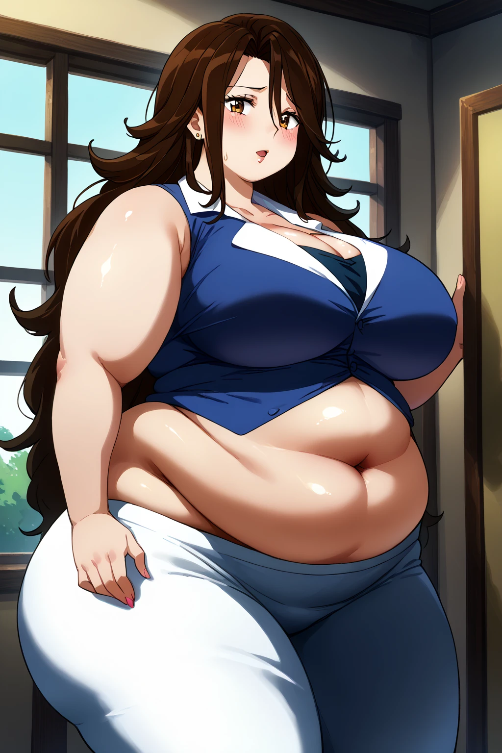  Sumeragi Lee Noriega ,  Sumeragi Lee Noriega ,blue shirt, sleeveless ,A shirt with a wide open neckline,White trousers,Exposed navel,Obese middle-aged woman, troubled expression, embarrassing expression ,milf, chubby, king bang , score_9,  score_8_ up、 score_7_ up、 score_6_ up、 score_5_ up、 score_4_ up、 masterpieces at the front door of the house、 top quality , very aesthetic,  absurd、 Source_ anime anime screencap,  one woman、Alone、 personal  、 brown eyes、 brown hair 、 long hair、Super huge breasts,  super huge clevis、Super huge, Super huge boob,Curvy、 wide hips、