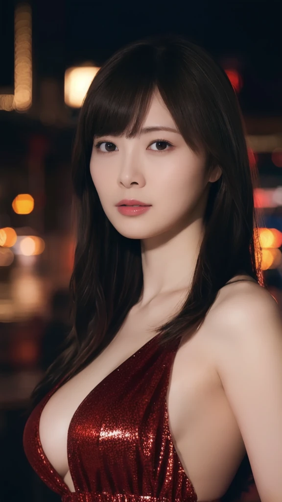 1girl,(wearing a red glittery evening mini dress:1.2),(RAW photo, best quality), (realistic, photo-realistic:1.4), masterpiece, an extremely delicate and beautiful, extremely detailed, 2k wallpaper, Amazing, finely detail, extremely detailed CG unity 8k wallpaper, ultra-detailed, highres, soft light, beautiful detailed girl, extremely detailed eyes and face, beautiful detailed nose, beautiful detailed eyes,cinematic lighting,city lights at night,slender body,(long hair with bangs), big breast, full body:1.6.