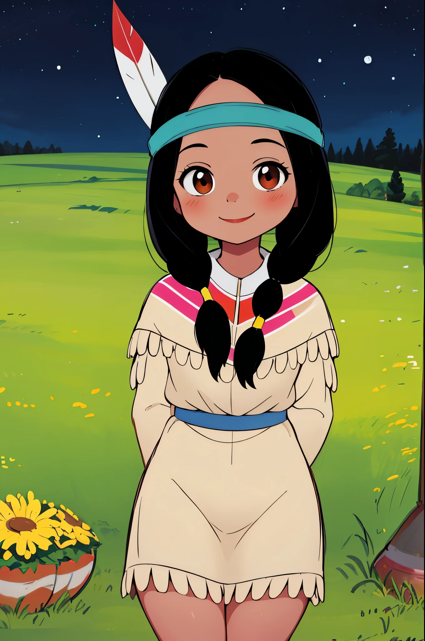 masterpiece, best quality, 1girl, tlily, black hair, twintails, feather hair ornament, headband, dark skin, dress, native american, upper body, sketch, looking at viewer, night, meadow background, sweet smile, thicc thighs, full body picture, hands behind back, shy