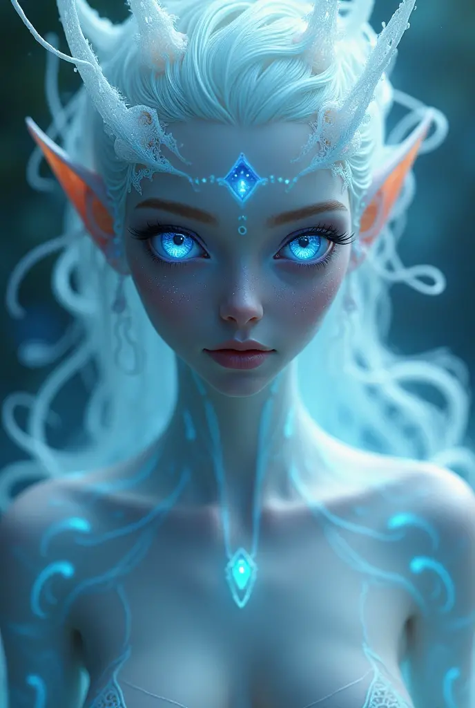 Female water guardian with bright blue skin, Long hair, beautiful non-human face, magical aura