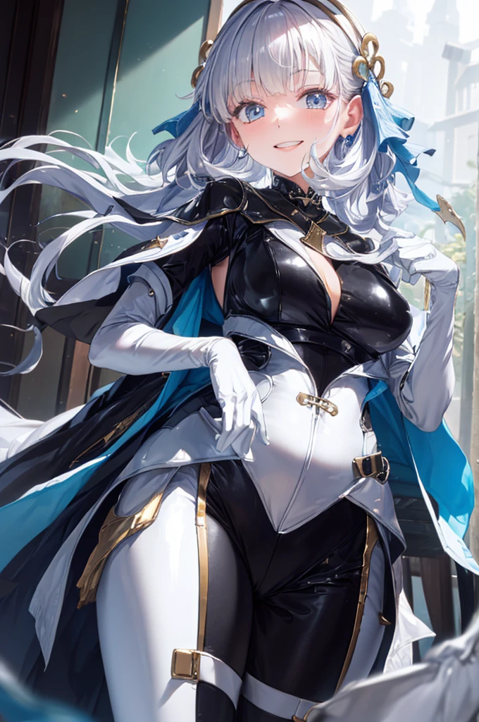 (  best quality ,4K,8K,   high resolution  ,masterpiece:1.2),  extremely detailed, mature women who want oral sex,,  magic  ,charm,joy, Holy Goddess , Smile,Silver Hair,  white eyes ,Rubber suit，boots