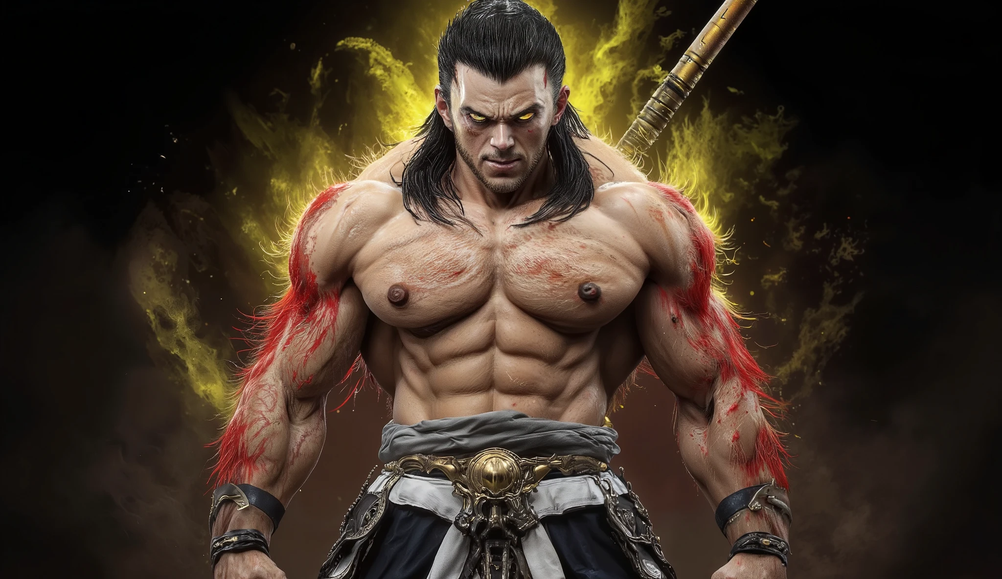 stately pose ,realistic, inspired by the design of Super Sayajin 4, hairy white man , lightly tanned skin, shirtless, without shirt, without clothing on the top of the body, muscular, shape em V, Shoulder-length hair , black hair, Red hair on the body , hair on the arms, dark hair, bright yellow eyes , yellow aura, realistic, detailed, Angry expression on the face, large and strong chest, oriental style pants with metal and gold parts, black wristbands , cloth band around the waist, cloth wristband , dynamic pose