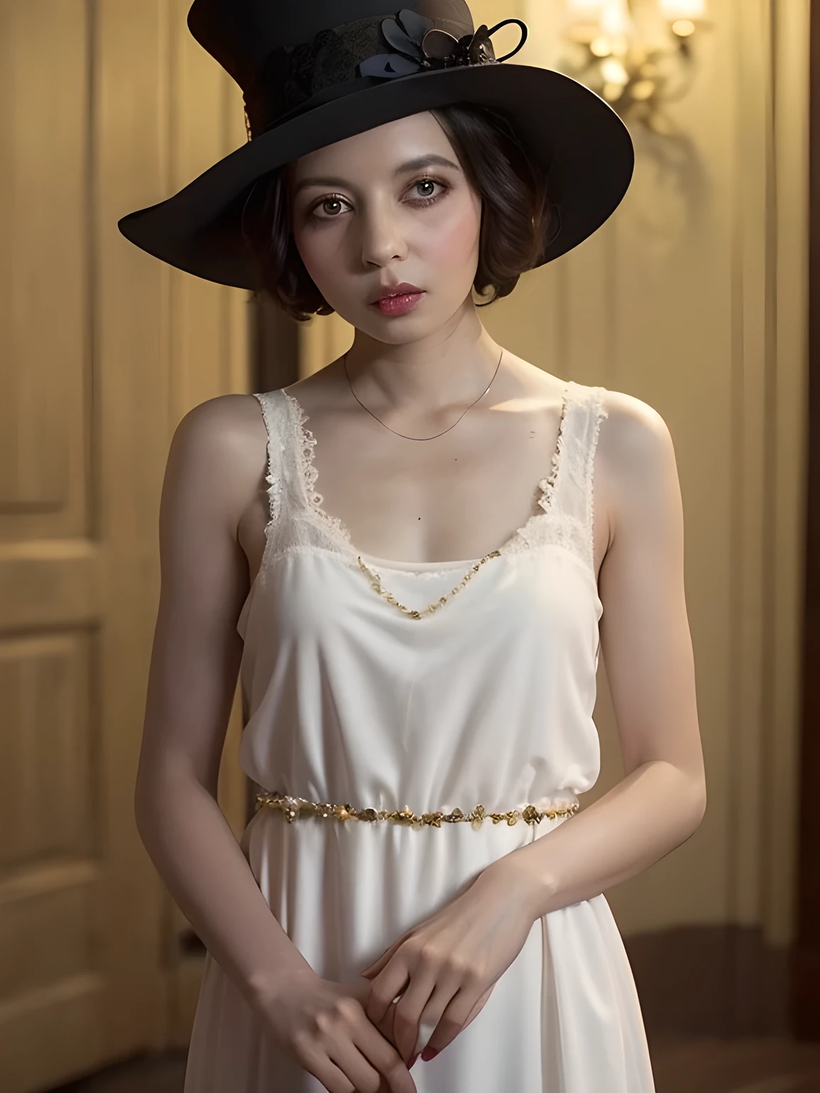 detailed oil painting, clown female (evamos), in white clothes with lace and a small black top hat, blond hair tousled like straw, makeup, tears and one small black heart are drawn on the cheeks, in the Art Deco style of the 1920s, illuminated by spotlights, embarrassed, kind and sweet, serious and flirty at the same time, calm vibration of the shadows of sleep, retro background in boho style, ultra high quality model, masterpiece, sharp focus, depth of field, unreal engine, perfect composition, digital art on Pixiv Fanbox, artstation, 8k, hdr
