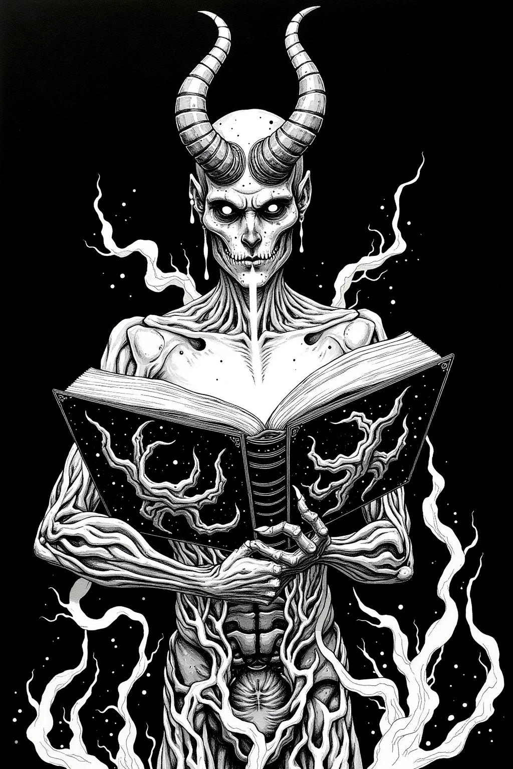  ink painting inspired by comic book panel illustrations, floating magic book, Spell Book, book of the dead, reading an evil demonic book, HP Lovecraft Style, fantasy Book illustrations, Book of Arcane , Book illustrations,  swirling ripples of evil ink , Magic book, grimoire,  Lovecraft Illustrations , Lovecraft Art , HP Lovecraft Style ,  Space horror illustration ,  lovecraftian Inspiration ,  Mixed Venom and Cthulhu ,  Lovecraft cosmic horror ,  Lovecraft Myths , Inspired by Lovecraft,  Lovecraft Horror , anatomically correct,  very detailed,  detail ,  drawn in white on a black background 