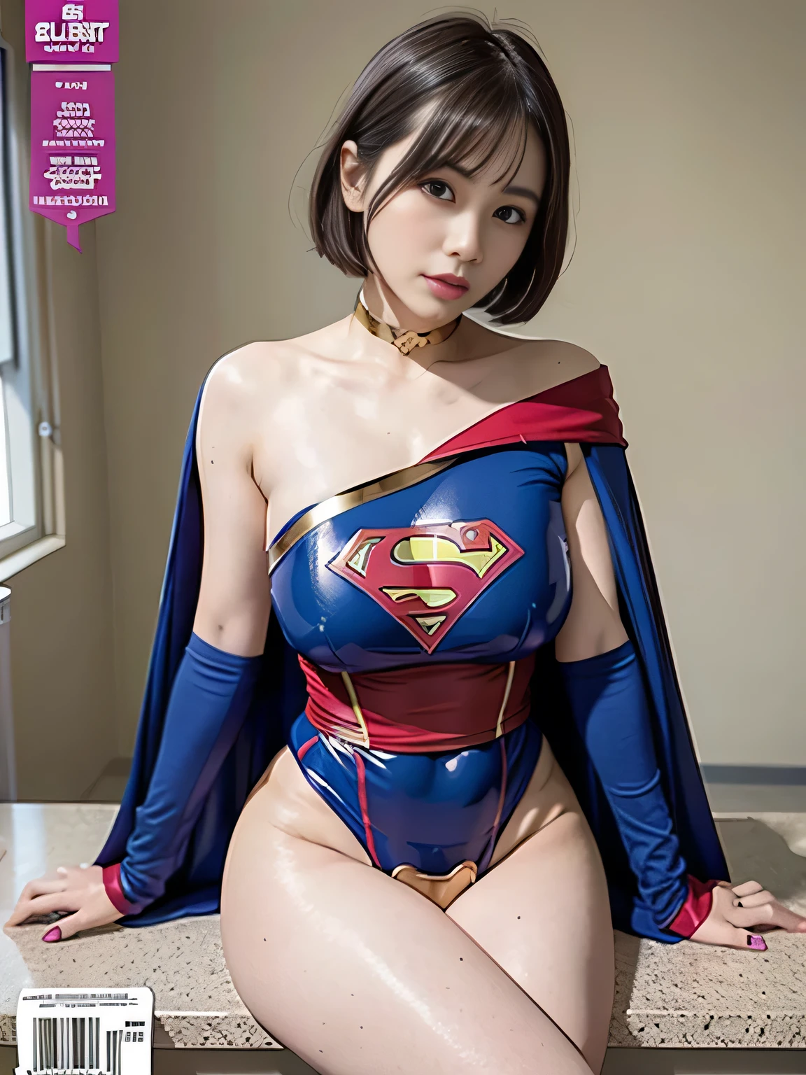 masterpiece、Supergirl Costume、short hair、barefoot、Big and ample breasts、Crisis situation、Complete surrender、、Poor hospitals、operating room、Abused、Humiliating、squat、shiny sweaty skin、looking at the camera、choker、Long sleeve、Sexy poses to seduce、Off the shoulder、latex、Weekly magazine cover style、from right in front、