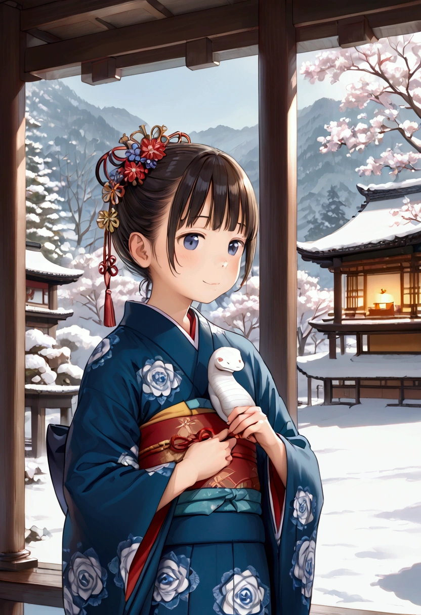 masterpiece, top quality , high res,Anatomical, detailed description ,8k,kawaii,Winter Scenery,shrine,kimono, white snake,(( 1 )),Baby Face,Petite,flat body ,Resplendent Furusode,