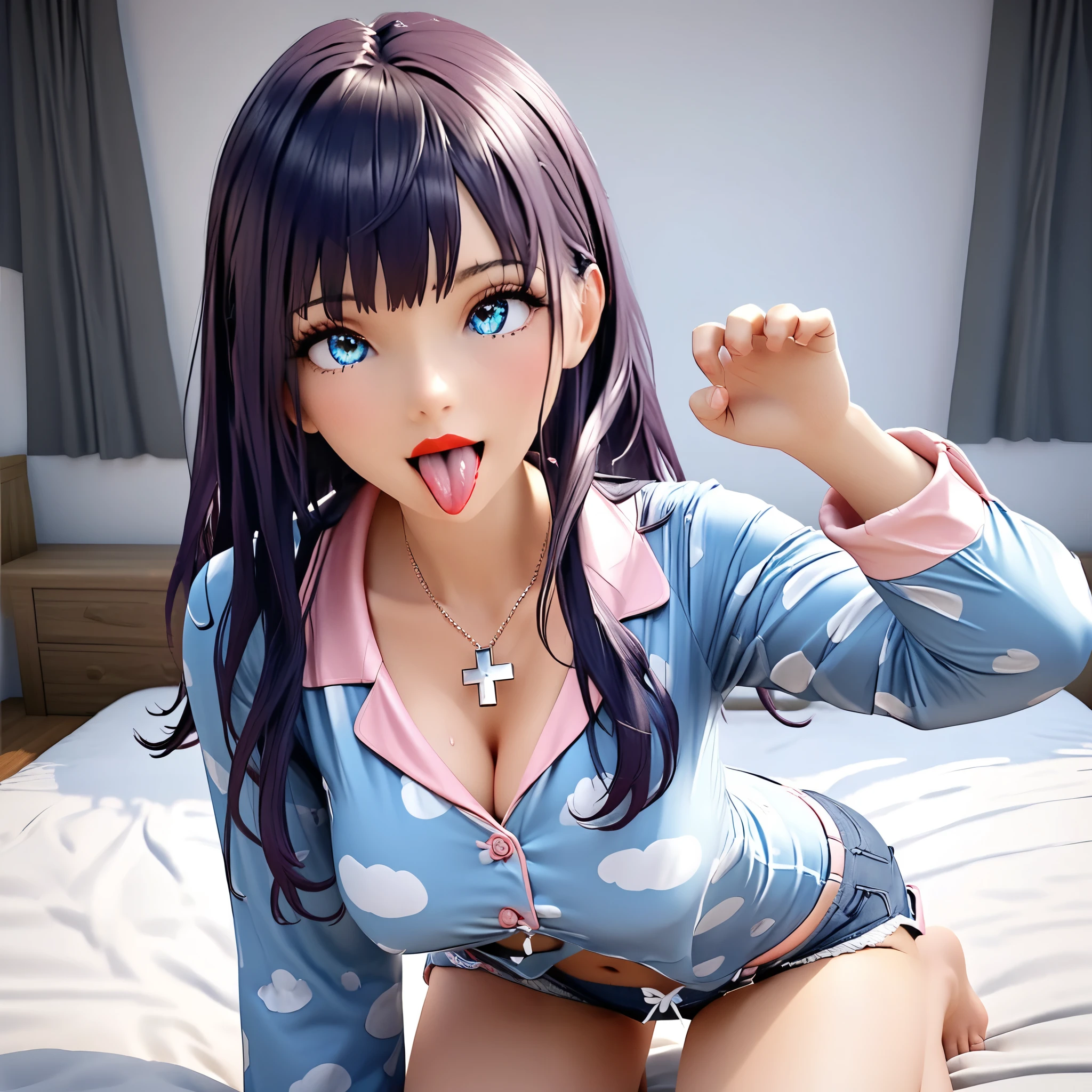 8k, masterpiece, CGSTATION, hyper CG style, arte extremadamente detallado de artgerm, photorealistic chica anime render, A 4k anime drawing style, best quality, 3D rendering, INTRICATE, 8k, 3D TOON, hyper detailed, CG face, blue eyes, dark purple hair, hair long, MISATO KATSURAGI, medium bust, shiny skin, 27 years old, a woman, navel, sensual smile, red lips, super detailed skin, super beautiful eyes, cross necklace, She wears soft and thin fabric pajamas, the pajamas are black, the pajamas have a blouse and mini shorts, pajamas are bare shoulders, , intricate details on his pajamas, the setting is super detailed in CGI quality, pajamas tight to her body, she is kneeling doing a Paw pose near her face, bed near a windows, ah3g40, ahegao, tongue out, wet tongue, tongue with saliva, hyper detailed tongue, hyper detailed CG, hyper detailed real face, mini blouse, mini shorts, mini pajamas, V-neckline of her pajama top,