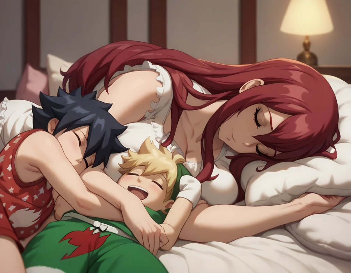  bed,Older sister, erza scarlet (Fairy Tail),Nightwear, red hair, boobs,valley, pajamas ,Sleeping horizontally, s,Shota,cute boy with dark hair,Duvet, Christmas