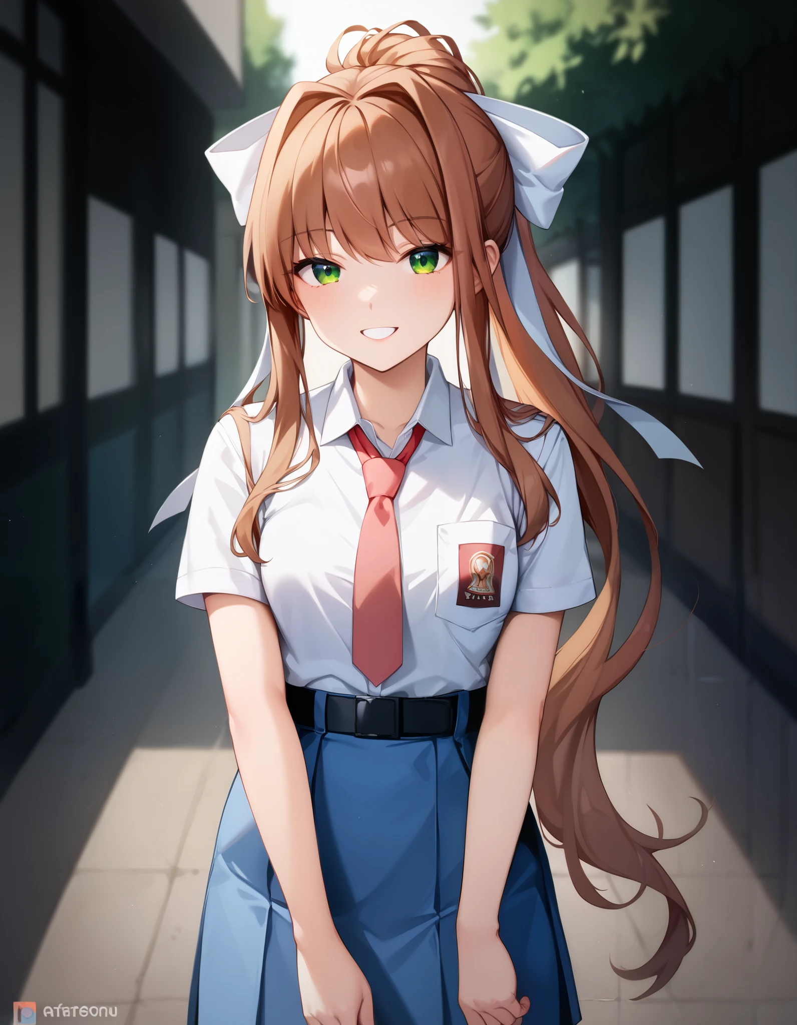 Masterpiece, hd, best quality, monika, green eyes, brown hair, very long hair, ponytail, hair ribbon, white ribbon, Indonesia high school uniform, wearing white collared shirt, short sleeves, light blue skirt, pleated skirt, light blue neck tie, pocket, school logo on pocket, wearing black belt, outdoor,  smile,  standing, cowboy shot