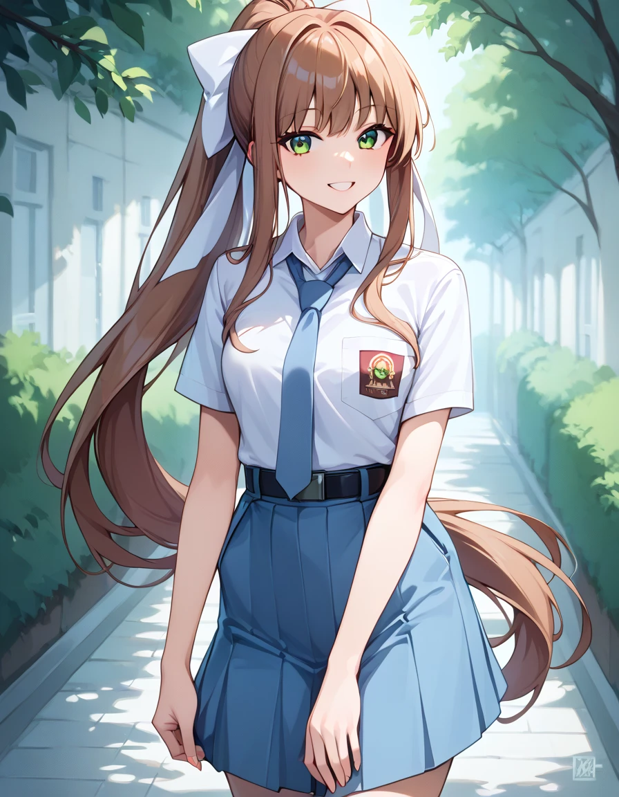 Masterpiece, hd, best quality, monika, green eyes, brown hair, very long hair, ponytail, hair ribbon, white ribbon, Indonesia high school uniform, wearing white collared shirt, short sleeves, light blue skirt, pleated skirt, light blue neck tie, pocket, school logo on pocket, wearing black belt, outdoor,  smile,  standing, cowboy shot