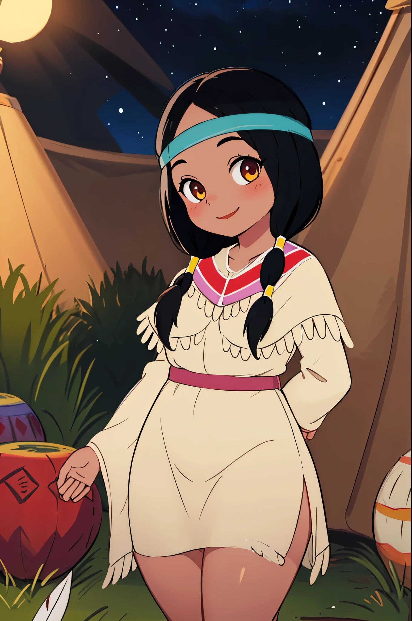 masterpiece, best quality, 1girl, tlily, black hair, twintails, feather hair ornament, headband, dark skin, dress, native american, upper body, sketch, looking at viewer, night, meadow background, sweet smile, thicc thighs, full body picture, hands behind back, shy