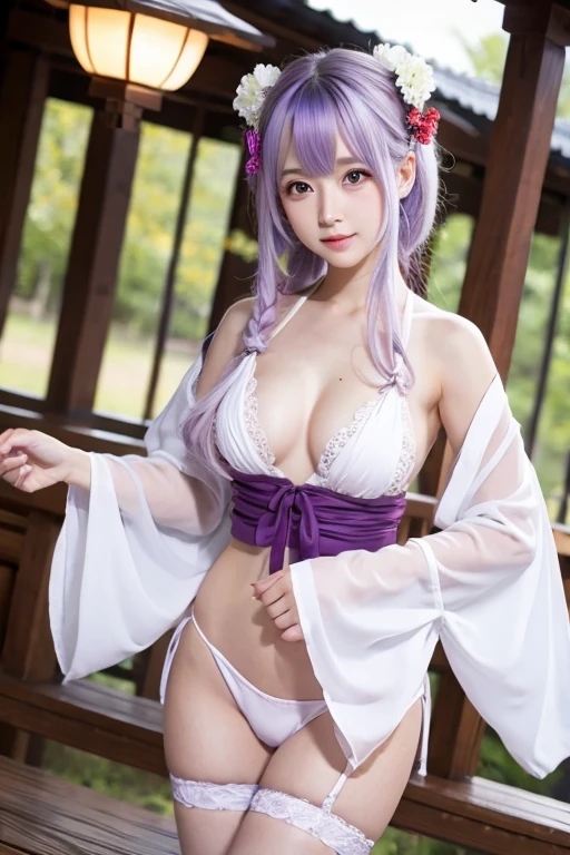 (best quality:1.4), highres, masterpiece,, 1girl,, light purple hair, purple eyes, (kemomimi), medium breasts, bare slim thigh,, hair ornament, (red|white Japanese miko clothes), detached sleeves,, blush,, lantern, shrine,, detailed face,