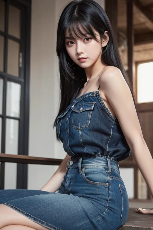 Cool beauty，Looks sweet. Wearing white tanktop, natural big breast, plump body, big thigh. Denim pants. Pink background.