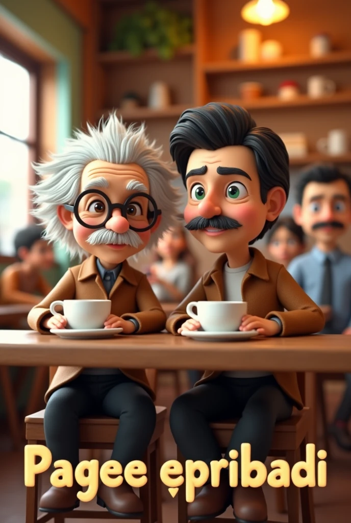 Clay style,3d cartoon doll ,Albert Einstein, wearing glasses,berdua dgn tom cruise,sit in the newly opened Indonesian coffee shop,  and some visitors are looking at the camera, poster type,  below it is written  "PAGEE EPRIBADI "