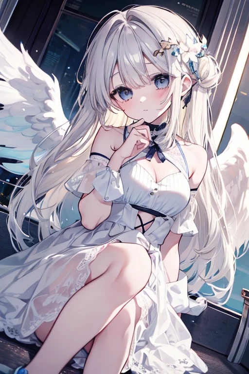 Silver-haired blue eyes、 girl、small breasts、twin tails、smile、naughty clothes、gal girl、wearing cute earrings、With angel wings、There&#39;s an angel ring on my head、In underwear、I can see your pants