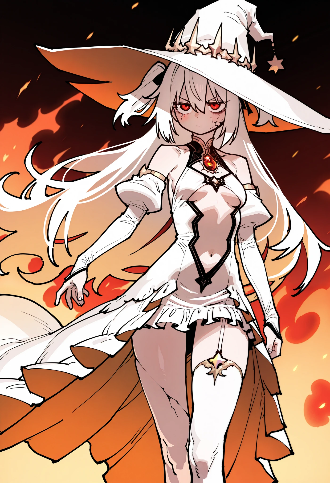 (ssambatea:0.7), (ekrea jan:0.9), sfw, 1girl, solo, cracked skin, white hair, very long hair, big hair, (two side up:0.8), hair between eyes, red eyes, white dress, high-low skirt, layered dress, long dress, single thighhigh, white thighhigh, garter strap, clothing cutout, underboob, sideboob, small breasts, stomach cutout, bare shoulders, detached sleeves, juliet sleeves, bridal gauntlet, white witch hat, (chest gem), (bags under eyes:0.85), petite, fiery background, standing, serious, masterpiece, best quality, amazing quality, very aesthetic, high resolution