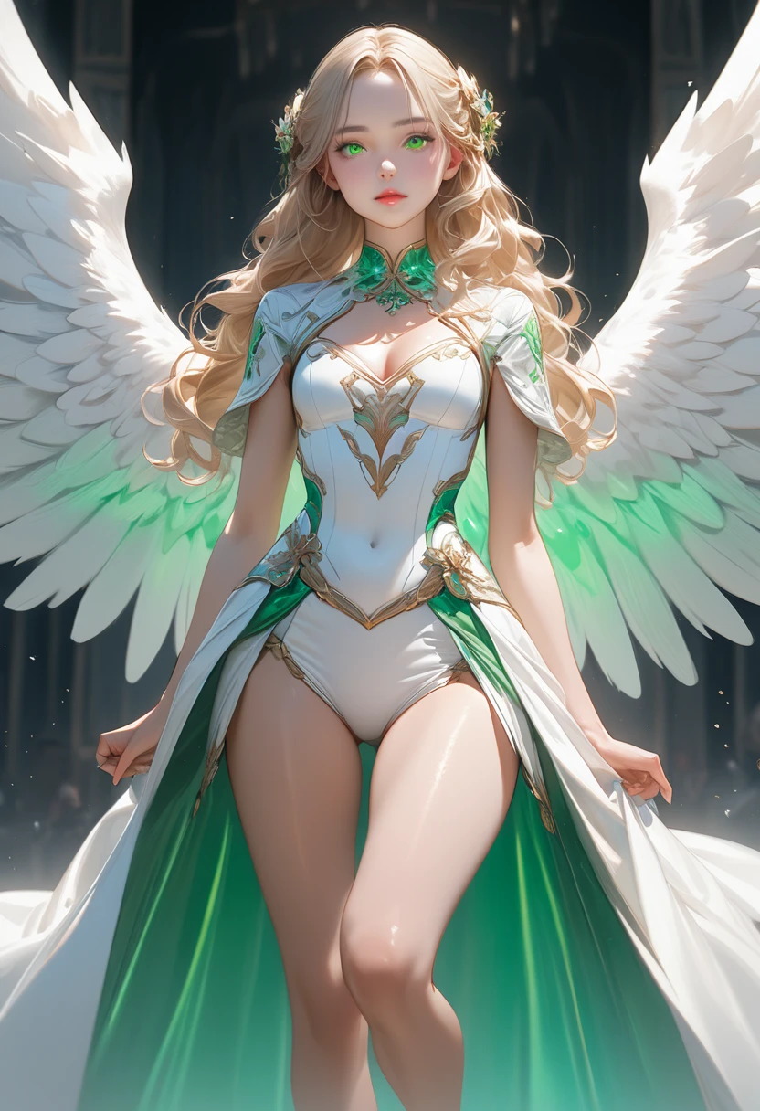 green glowing eyes,Blonde curly long hair,small breasts,cleavage,thighs,angelic renaissance outfit,smooth light pink lips stick,clothing cutout,highleg,cleavage cutout,cowboy shot,3 huge wings on each side of her back,all white pure outfit,heaven background,floating,little,short,Full body image,The whole body is projected,Realistic,(masterpiece,Highest quality:1.4),(8k,RAW Photos,Realistic:1.2),Not safe at work, Detailed skin,Detailed face,One Girl,Cute Face, Super Resolution,Retro realistic detailed illustration,,{{{Elaborate,complicated,wonderful,delicately,Extraordinary,Prudent,point,Incredibly,Obsessed,craftsman&#39;S,subtle,Celebrities,Skillful,Vibrant,Vivid,It&#39;s complicated.}}}, Sharply focused edges, fresh natural gradation, Highest quality,