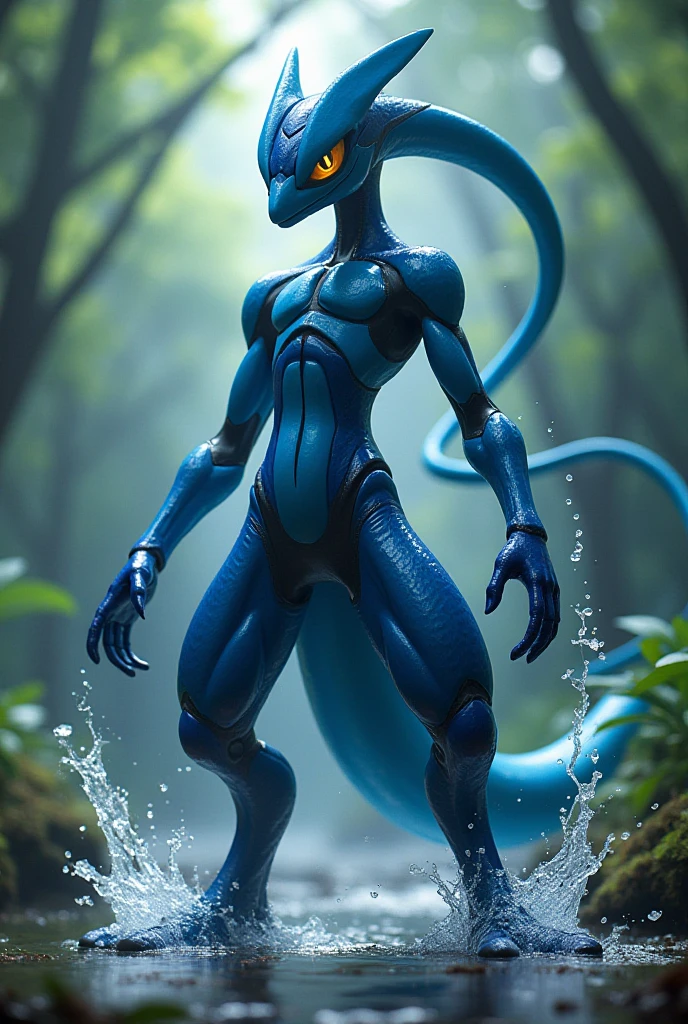 A sleek bipedal creature with cool design pattern and stripes has slight fur.