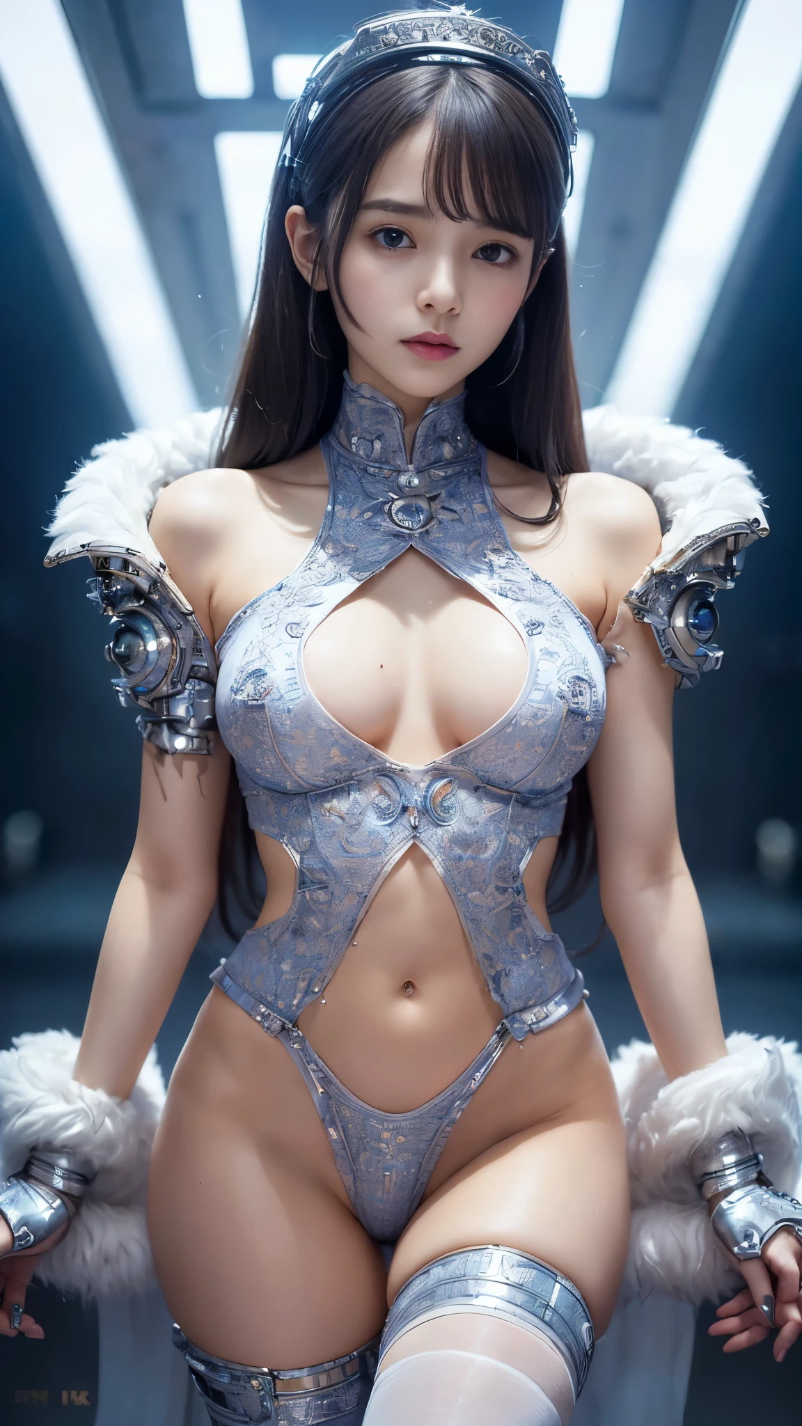 NSFW,((top-quality、8K、tmasterpiece:1.3)),(Shoot from the thigh upwards:1.27),Girl with delicate face,navel,The highest image quality,ultraclear,The facial features are delicate and clear,machine arm,exquisitedetails,(Camel Tou)、Mechanical pattern,cyber punk perssonage、Cyber City、the number、thrones、(Reveal clothing:1.5)