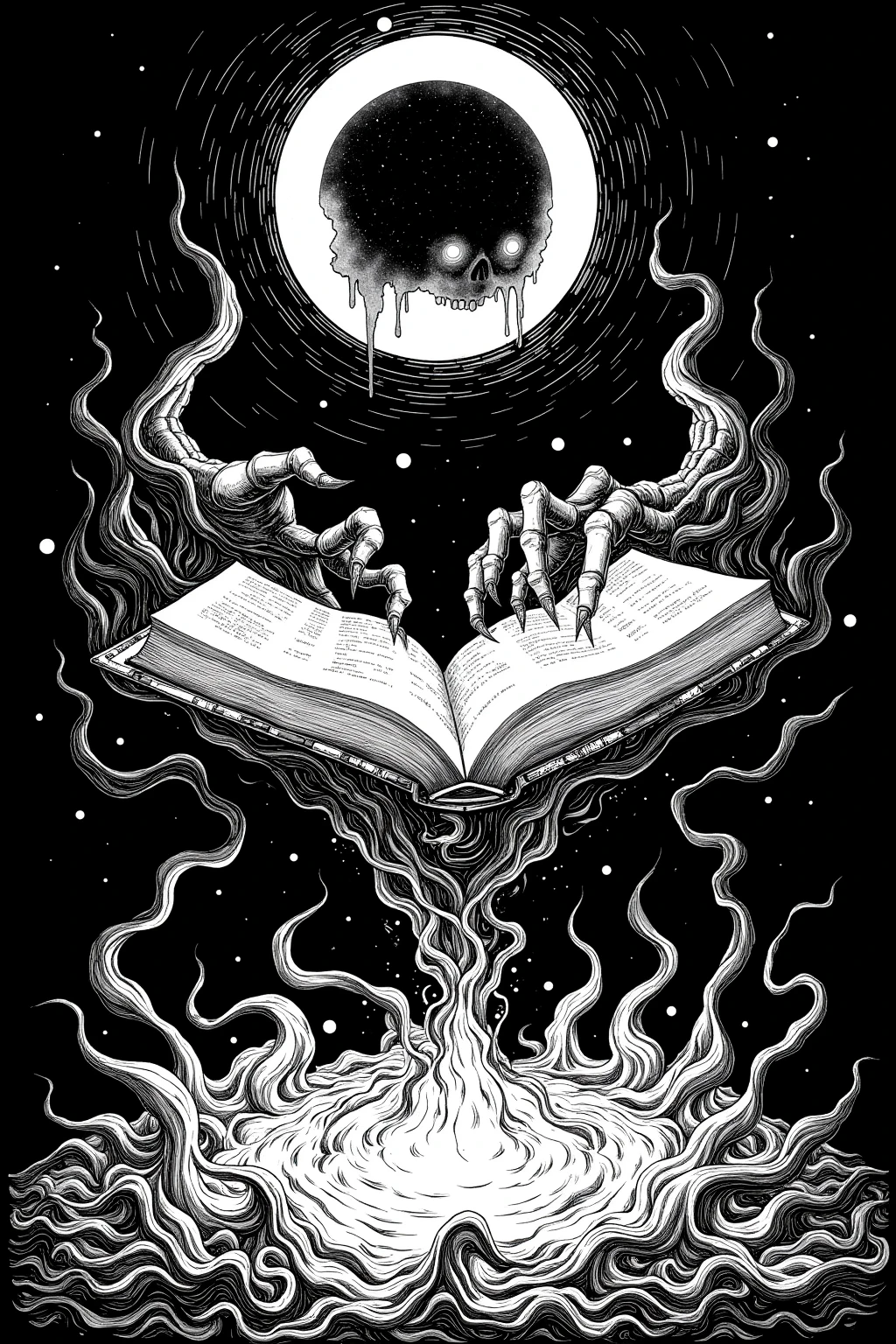  ink painting inspired by comic book panel illustrations, floating magic book, Spell Book, book of the dead, reading an evil demonic book, HP Lovecraft Style, fantasy Book illustrations, Book of Arcane , Book illustrations,  swirling ripples of evil ink , Magic book, grimoire,  Lovecraft Illustrations , Lovecraft Art , HP Lovecraft Style ,  Space horror illustration ,  lovecraftian Inspiration ,  Mixed Venom and Cthulhu ,  Lovecraft cosmic horror ,  Lovecraft Myths , Inspired by Lovecraft,  Lovecraft Horror , anatomically correct,  very detailed,  detail ,  drawn in white on a black background 