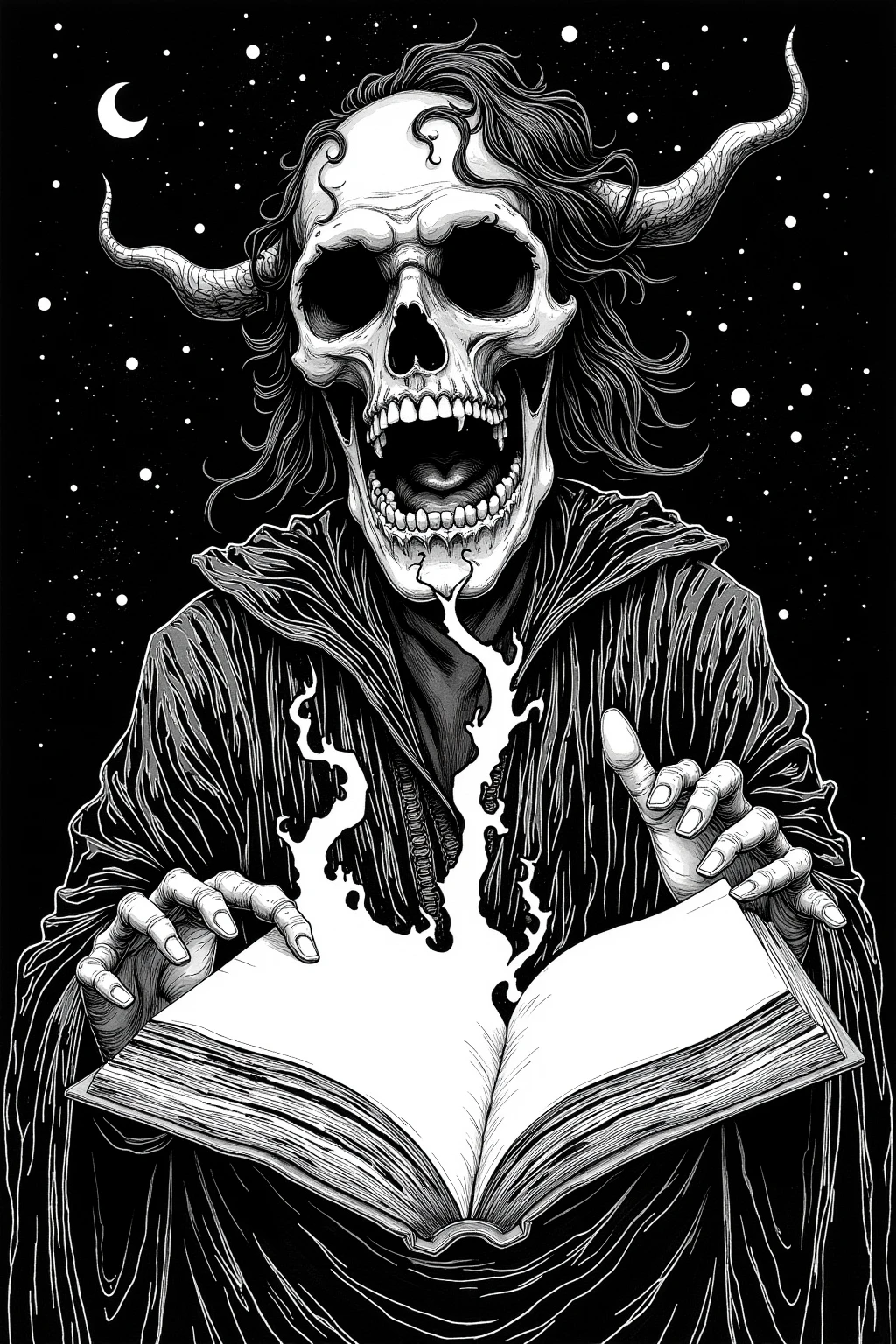  ink painting inspired by comic book panel illustrations, floating magic book, Spell Book, book of the dead, reading an evil demonic book, HP Lovecraft Style, fantasy Book illustrations, Book of Arcane , Book illustrations,  swirling ripples of evil ink , Magic book, grimoire,  Lovecraft Illustrations , Lovecraft Art , HP Lovecraft Style ,  Space horror illustration ,  lovecraftian Inspiration ,  Mixed Venom and Cthulhu ,  Lovecraft cosmic horror ,  Lovecraft Myths , Inspired by Lovecraft,  Lovecraft Horror , anatomically correct,  very detailed,  detail ,  drawn in white on a black background 