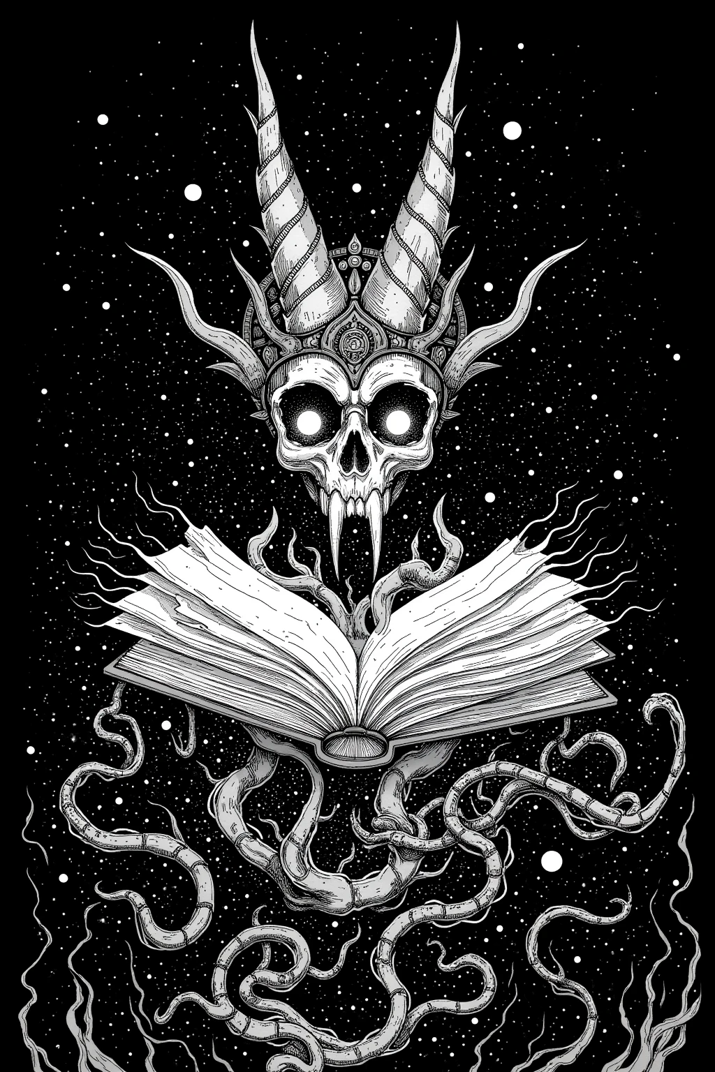  ink painting inspired by comic book panel illustrations, floating magic book, Spell Book, book of the dead, reading an evil demonic book, HP Lovecraft Style, fantasy Book illustrations, Book of Arcane , Book illustrations,  swirling ripples of evil ink , Magic book, grimoire,  Lovecraft Illustrations , Lovecraft Art , HP Lovecraft Style ,  Space horror illustration ,  lovecraftian Inspiration ,  Mixed Venom and Cthulhu ,  Lovecraft cosmic horror ,  Lovecraft Myths , Inspired by Lovecraft,  Lovecraft Horror , anatomically correct,  very detailed,  detail ,  drawn in white on a black background 