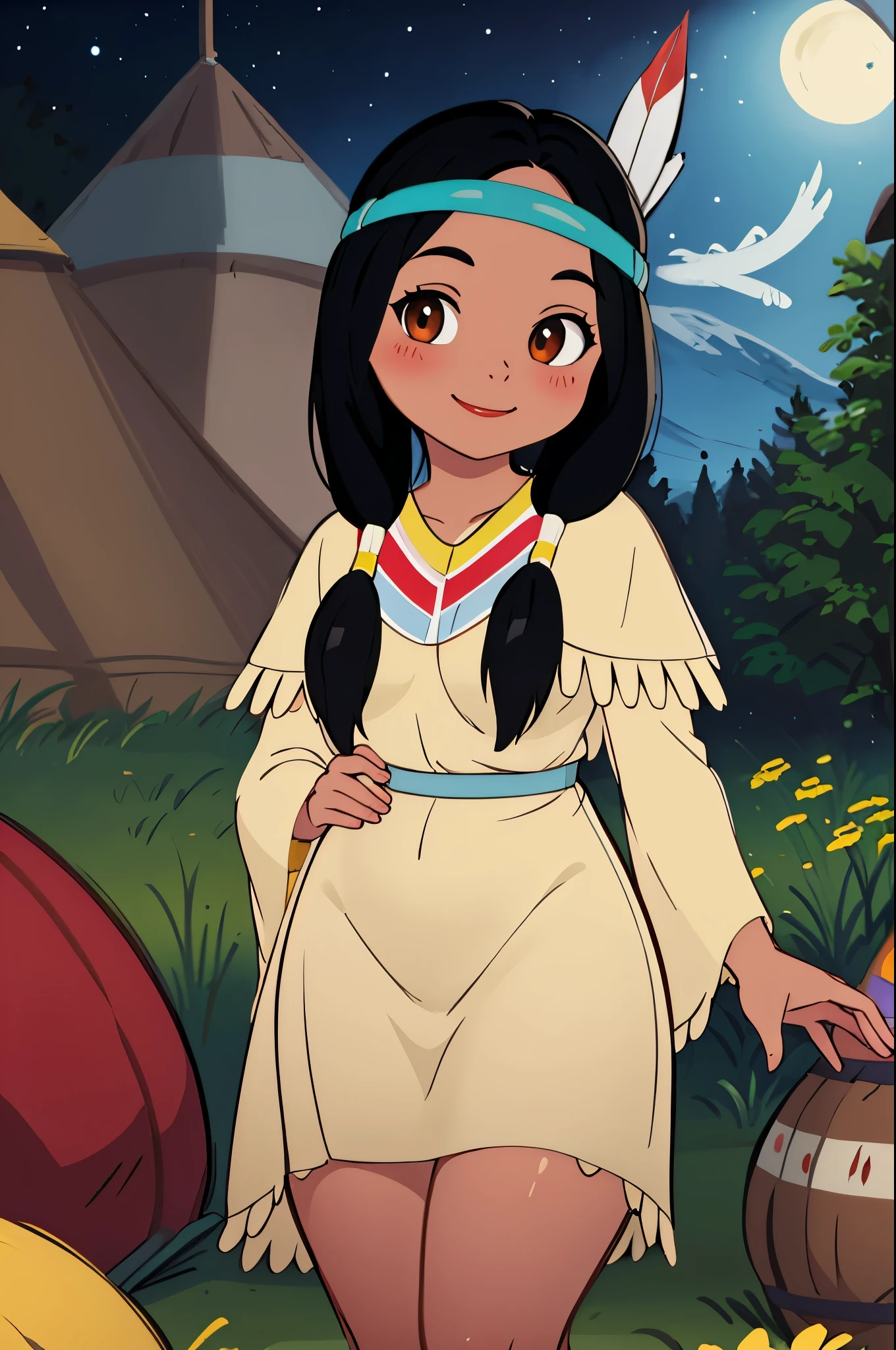 masterpiece, best quality, 1girl, tlily, black hair, twintails, feather hair ornament, headband, dark skin, dress, native american, upper body, sketch, looking at viewer, night, meadow background, sweet smile, thicc thighs, full body picture, hands behind back, shy