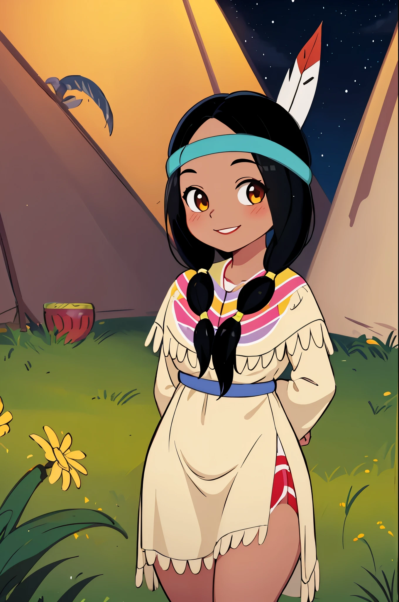 masterpiece, best quality, 1girl, tlily, black hair, twintails, feather hair ornament, headband, dark skin, dress, native american, upper body, sketch, looking at viewer, night, meadow background, sweet smile, thicc thighs, full body picture, hands behind back, shy