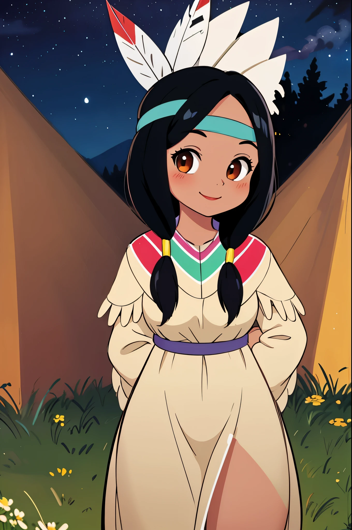 masterpiece, best quality, 1girl, tlily, black hair, twintails, feather hair ornament, headband, dark skin, dress, native american, upper body, sketch, looking at viewer, night, meadow background, sweet smile, thicc thighs, full body picture, hands behind back, shy